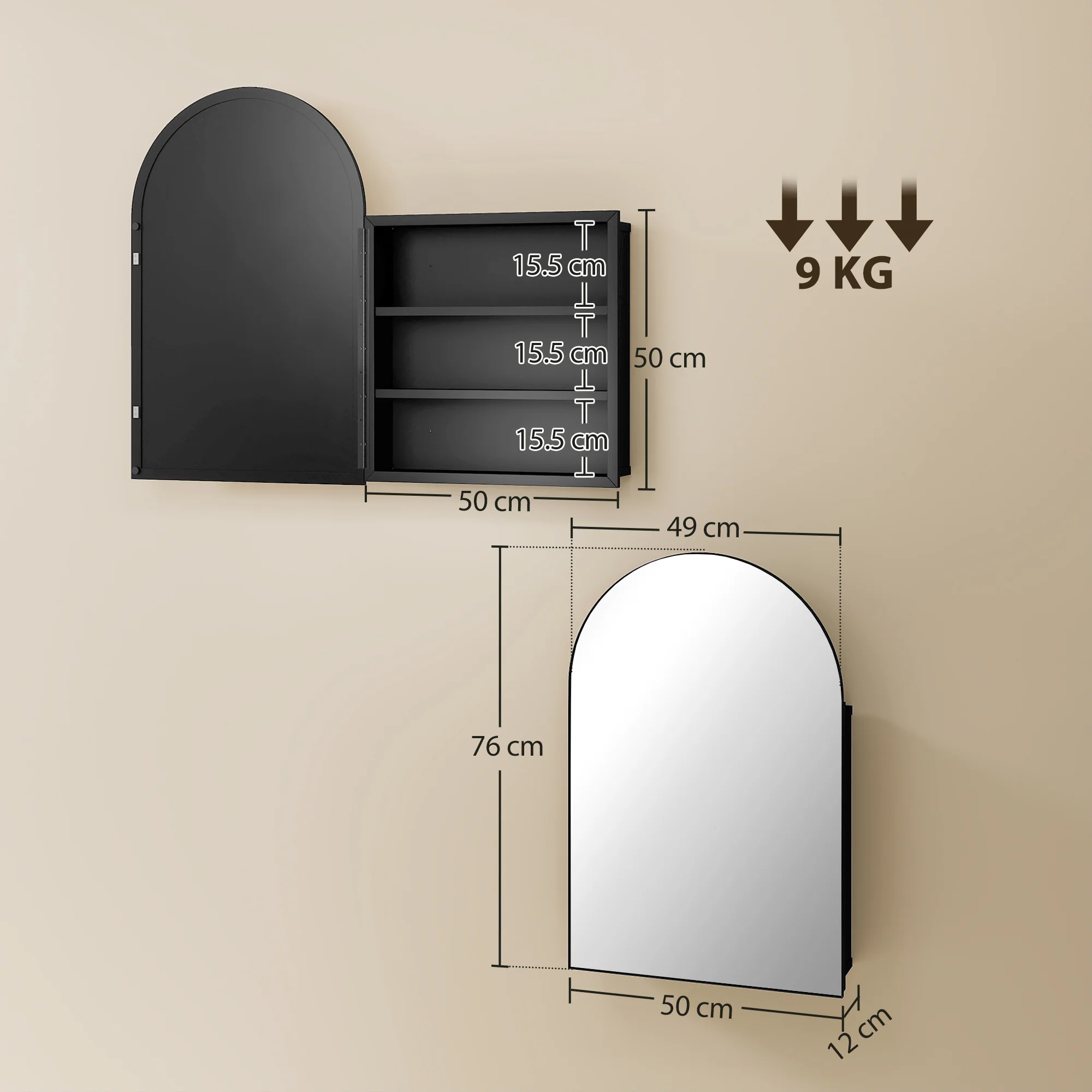 HOMCOM Bathroom Mirror Cabinet with Mirror Arched Wall Cabinet Black - Image 3