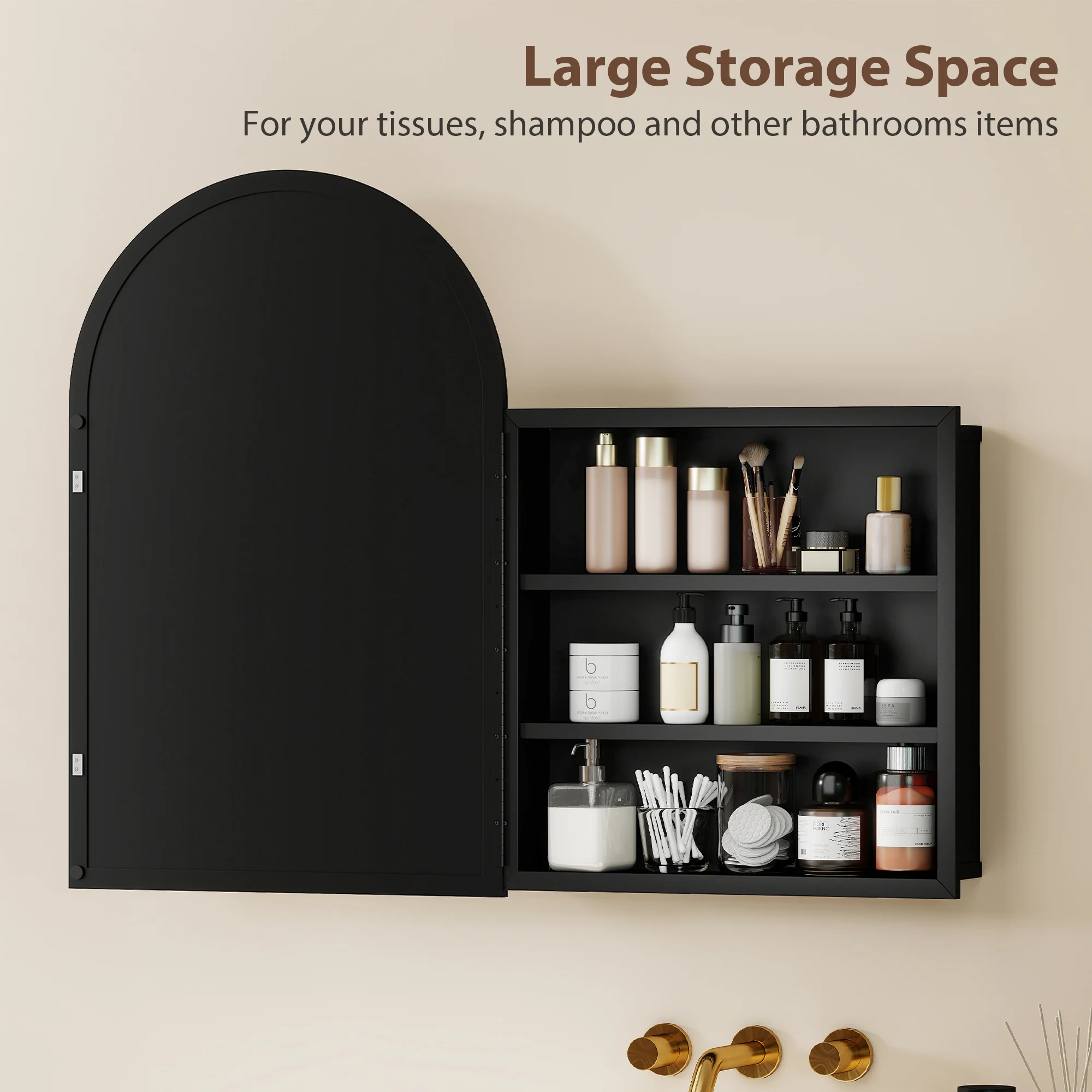 HOMCOM Bathroom Mirror Cabinet with Mirror Arched Wall Cabinet Black - Image 5