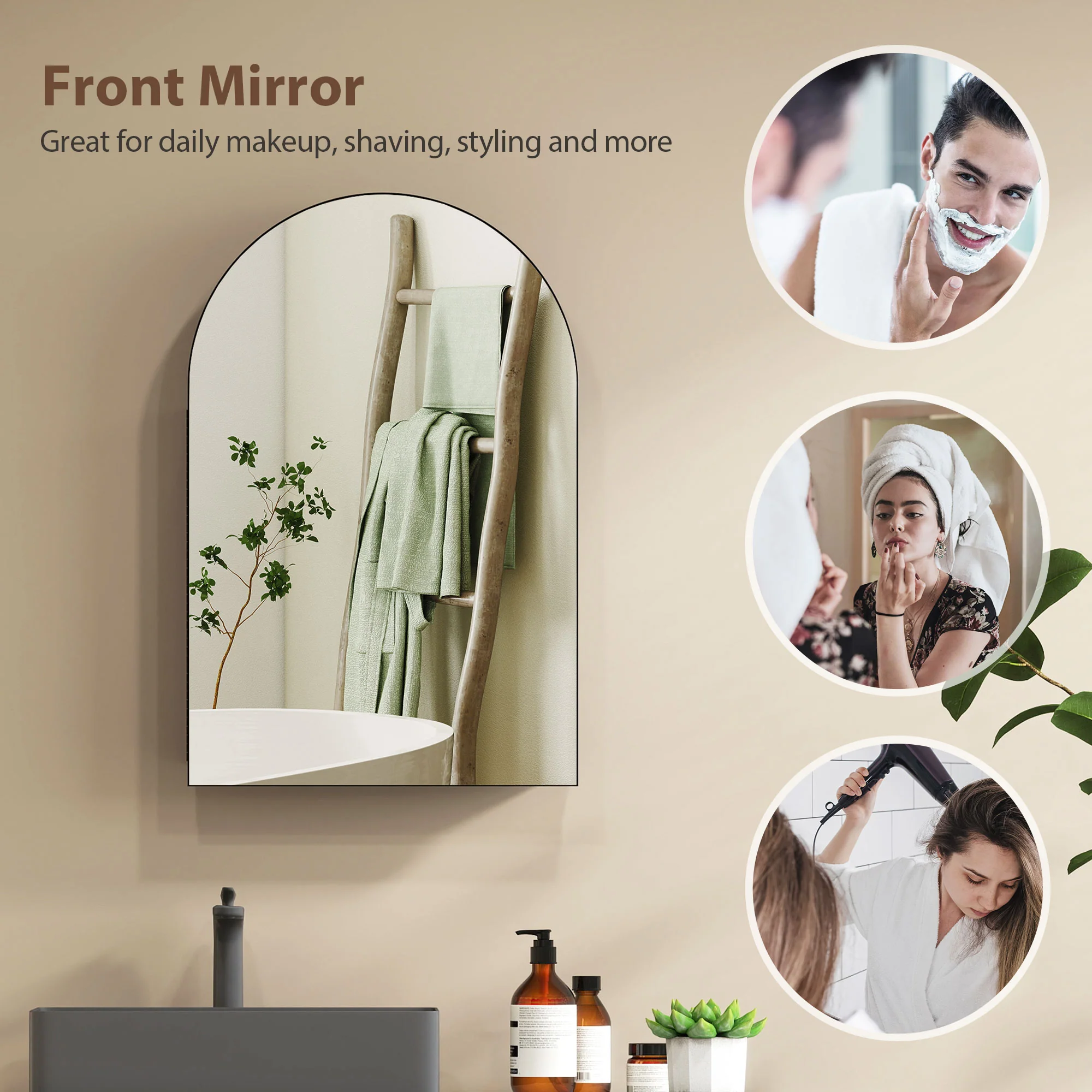 HOMCOM Bathroom Mirror Cabinet with Mirror Arched Wall Cabinet Black - Image 6
