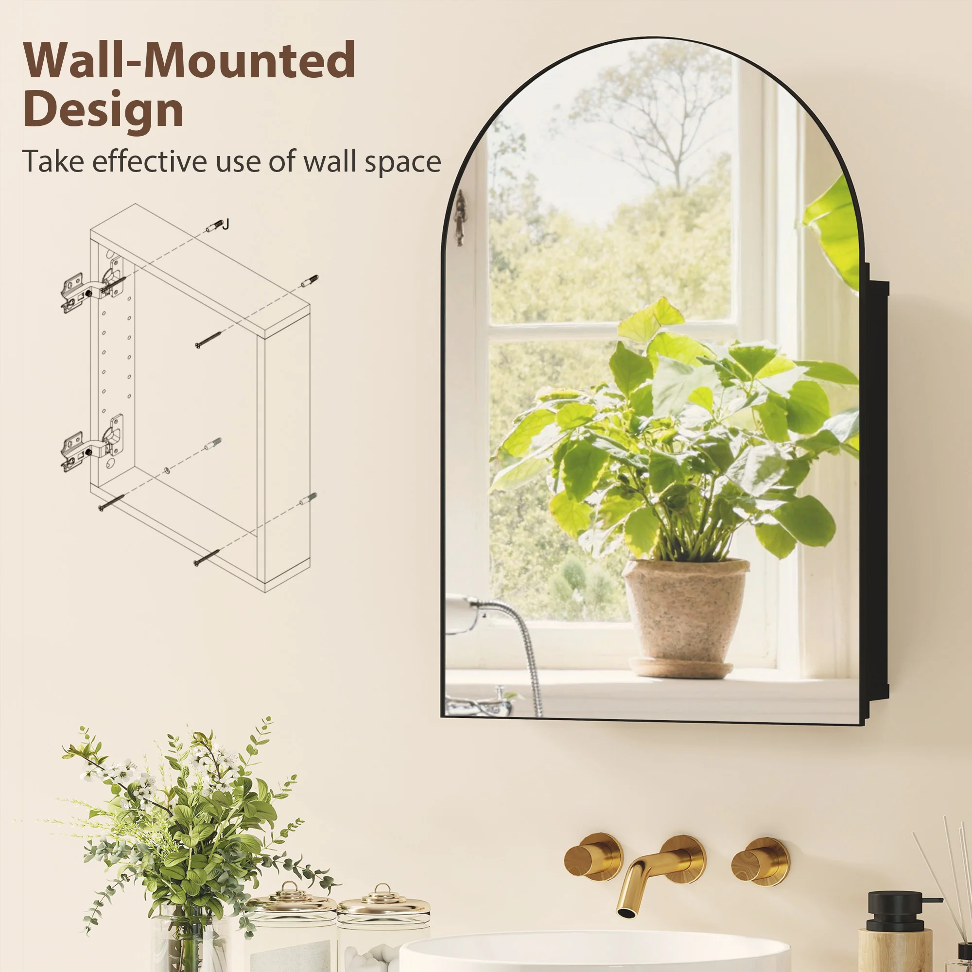 HOMCOM Bathroom Mirror Cabinet with Mirror Arched Wall Cabinet Black - Image 8