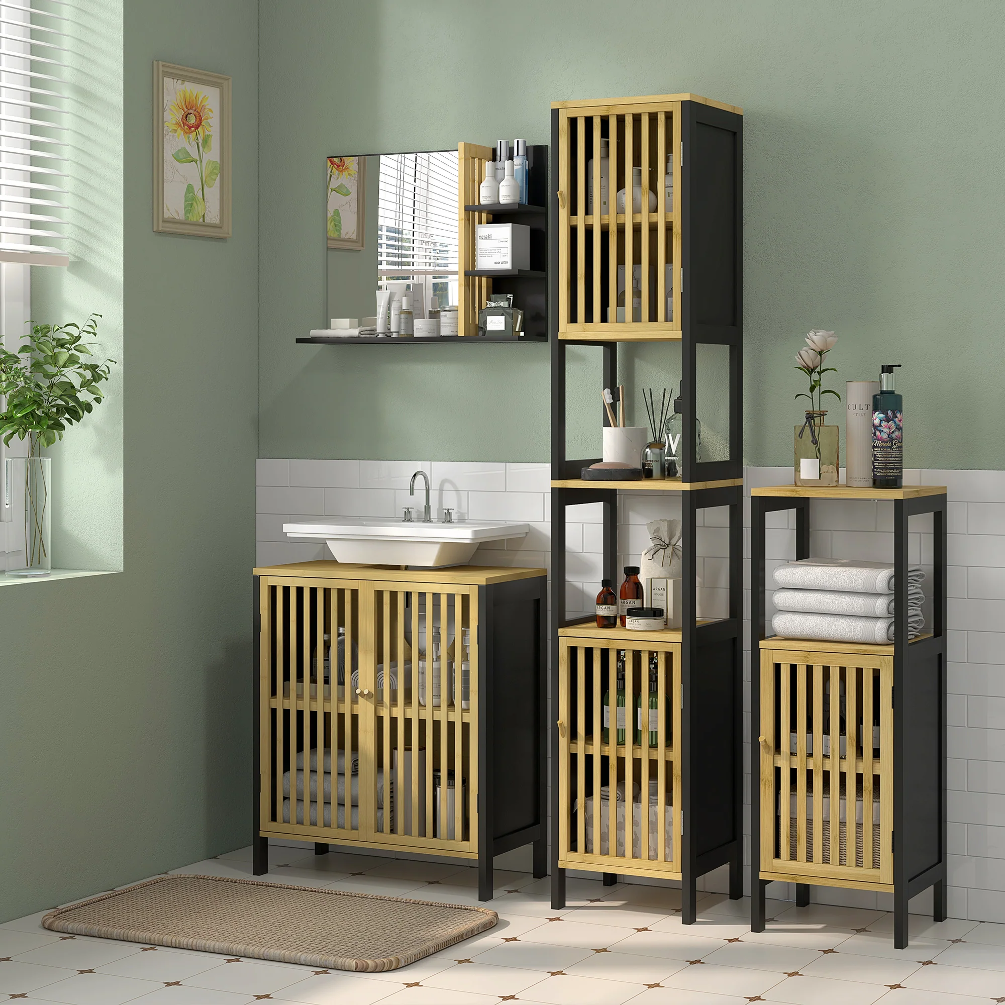 HOMCOM Bathroom Mirror Wall Mount Vanity Mirror with 4 Storage Shelves, Black - Image 2