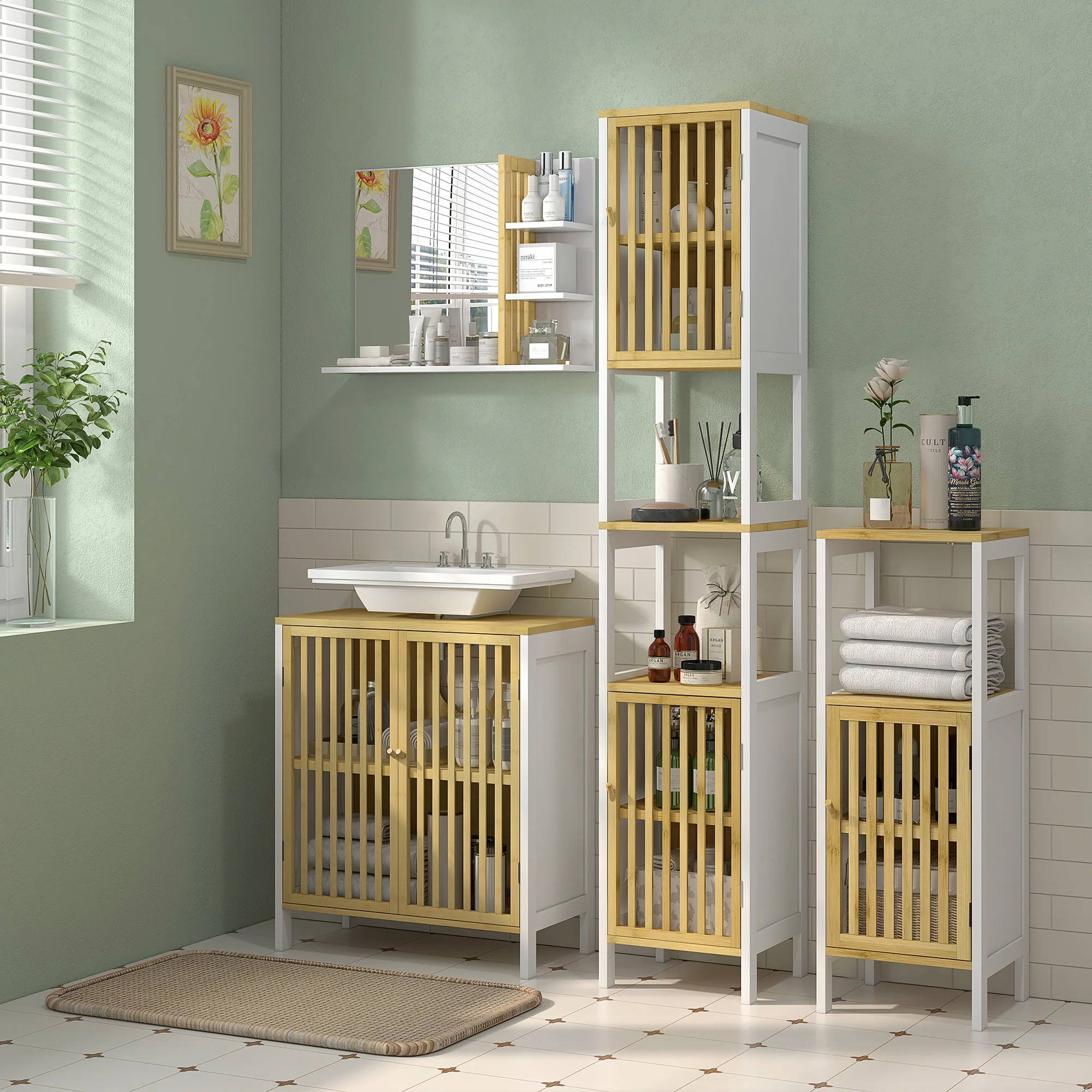 HOMCOM Bathroom Mirror Wall Mount Vanity Mirror with 4 Storage Shelves, White - Image 2