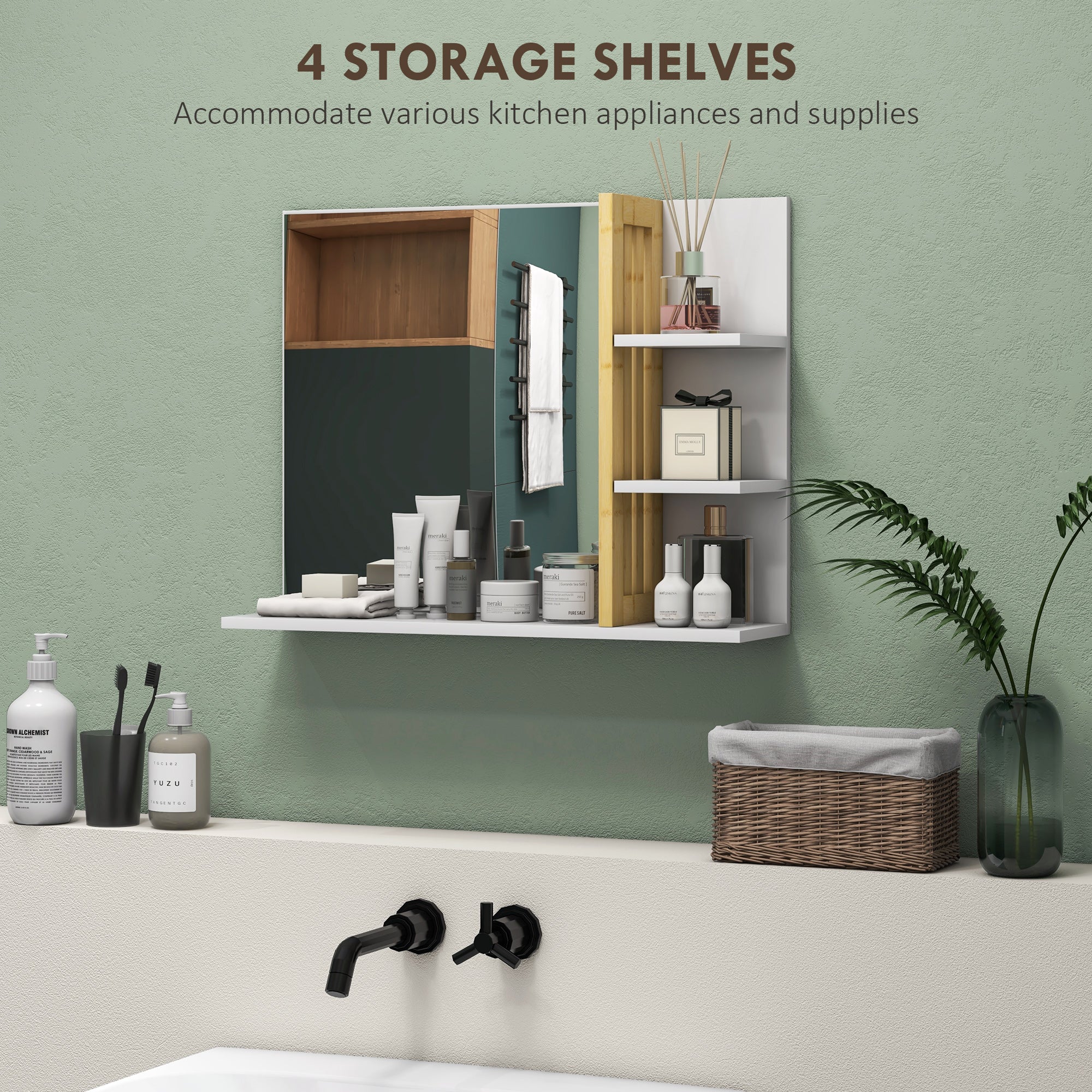 HOMCOM Bathroom Mirror Wall Mount Vanity Mirror with 4 Storage Shelves, White - Image 3