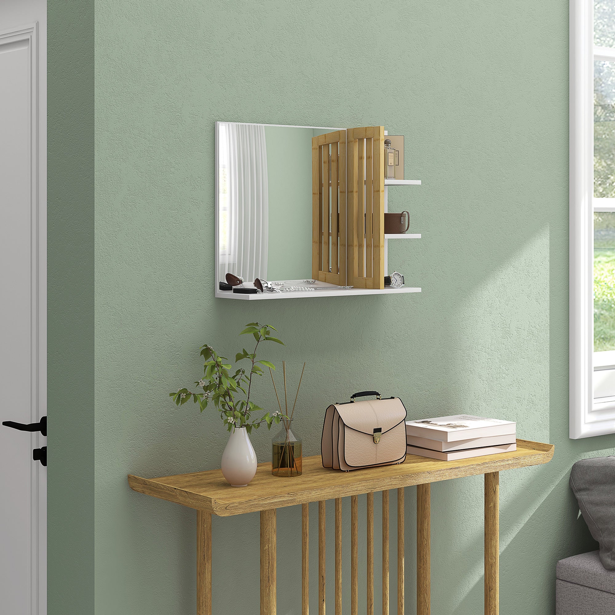 HOMCOM Bathroom Mirror Wall Mount Vanity Mirror with 4 Storage Shelves, White - Image 7