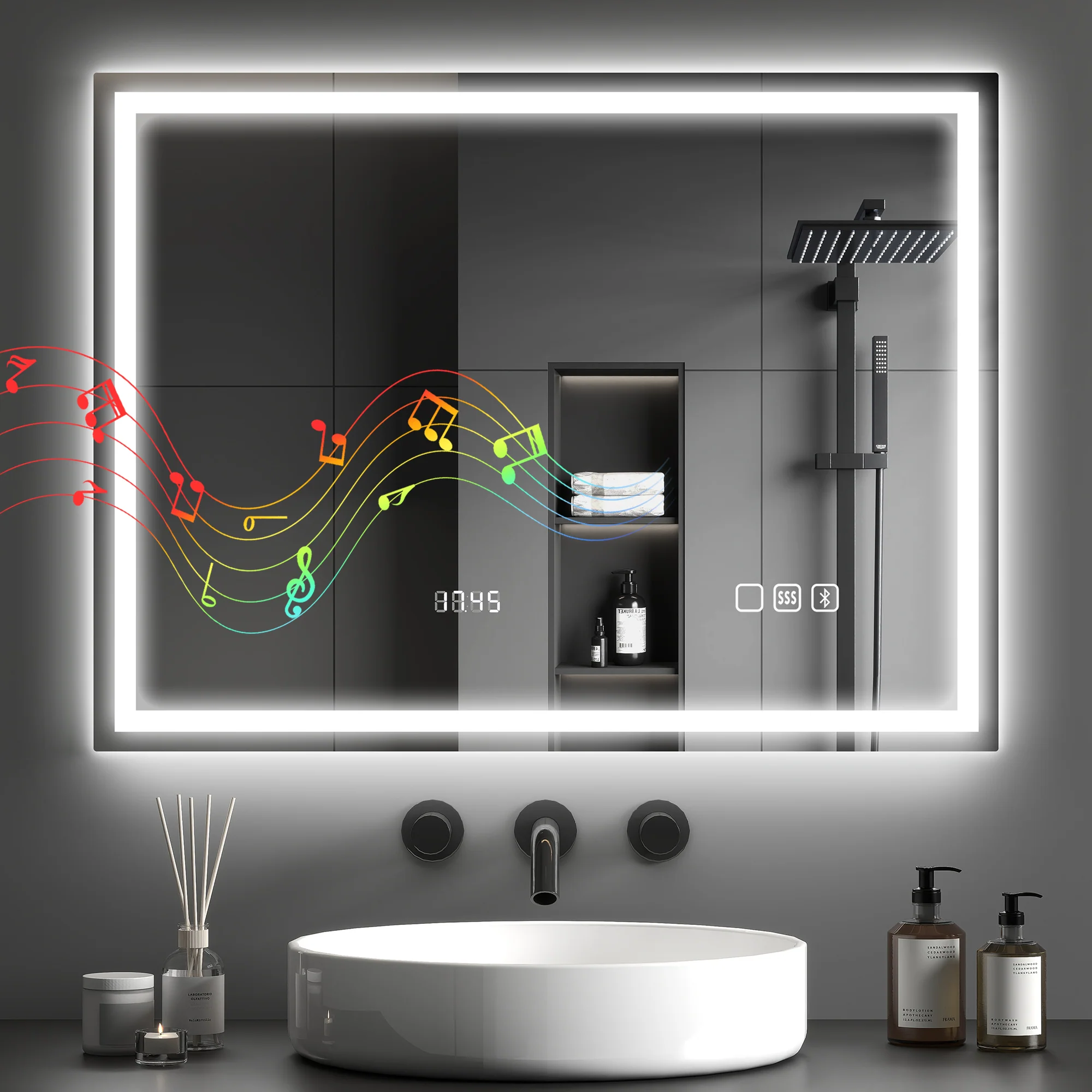 HOMCOM Bathroom Mirror With Bluetooth Clock Lights Demister Pad - Image 10