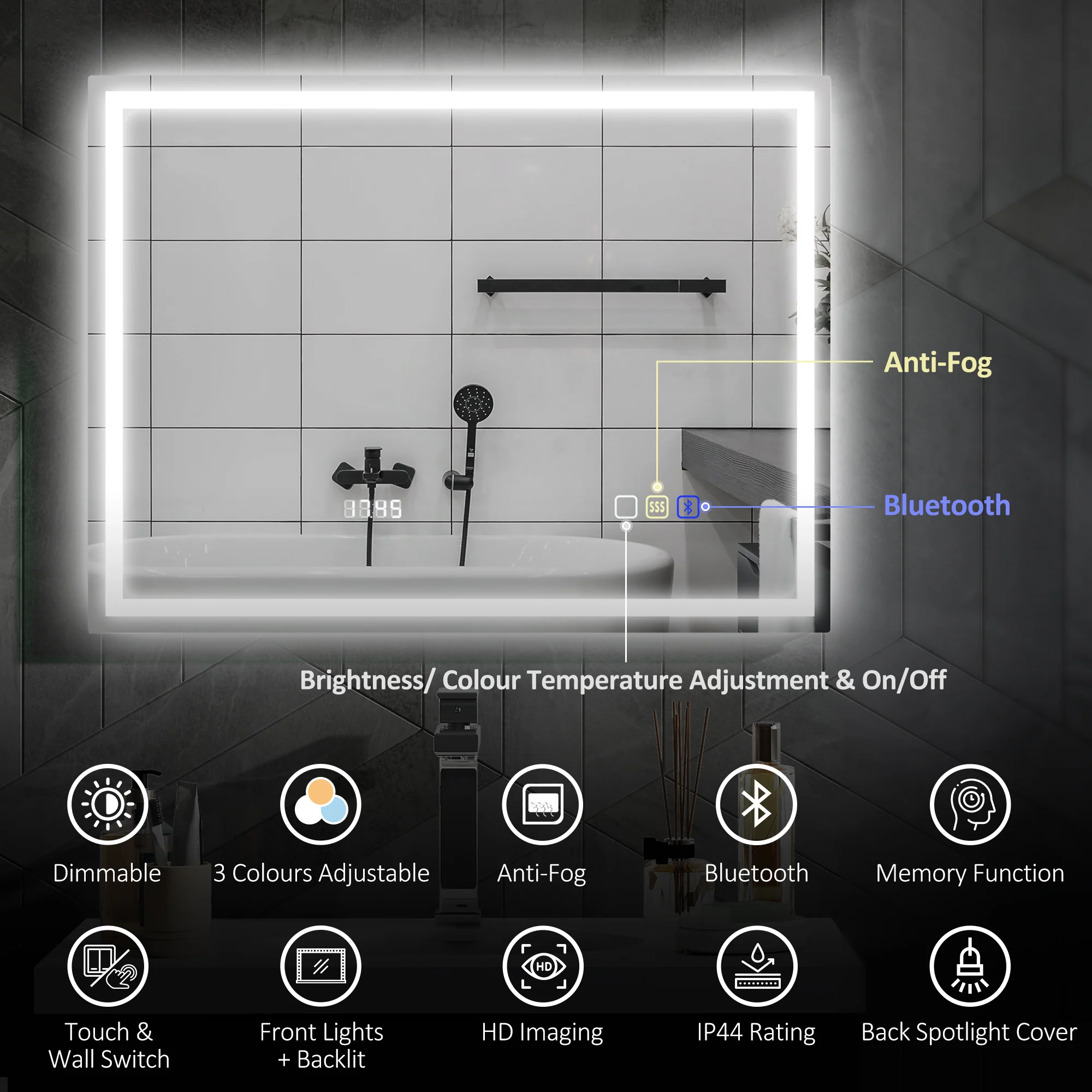 HOMCOM Bathroom Mirror With Bluetooth Clock Lights Demister Pad - Image 12
