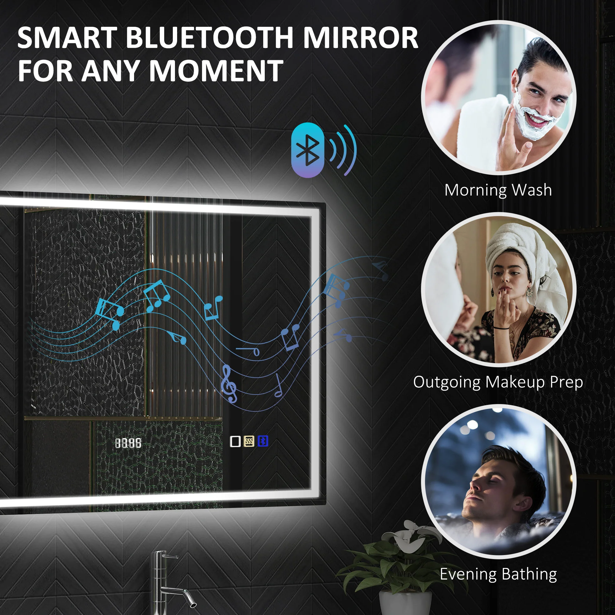 HOMCOM Bathroom Mirror With Bluetooth Clock Lights Demister Pad - Image 13