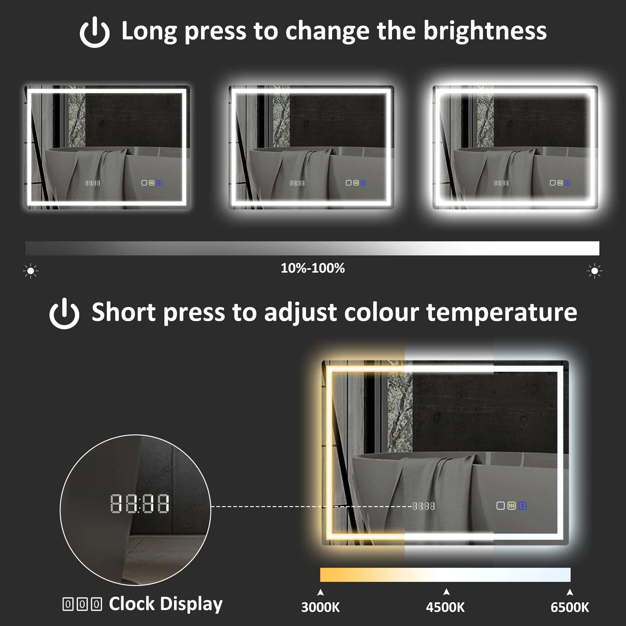 HOMCOM Bathroom Mirror With Bluetooth Clock Lights Demister Pad - Image 15