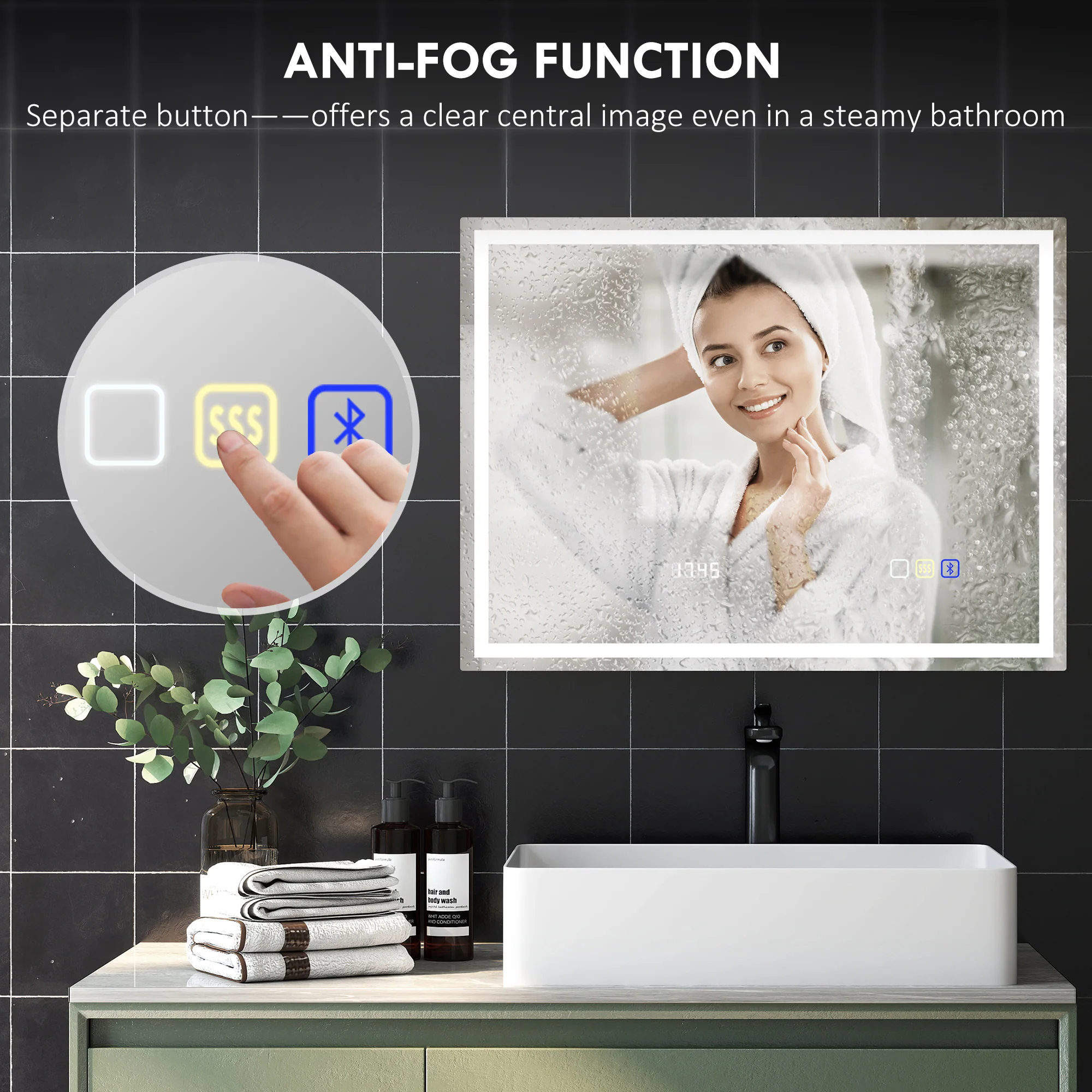 HOMCOM Bathroom Mirror With Bluetooth Clock Lights Demister Pad - Image 16
