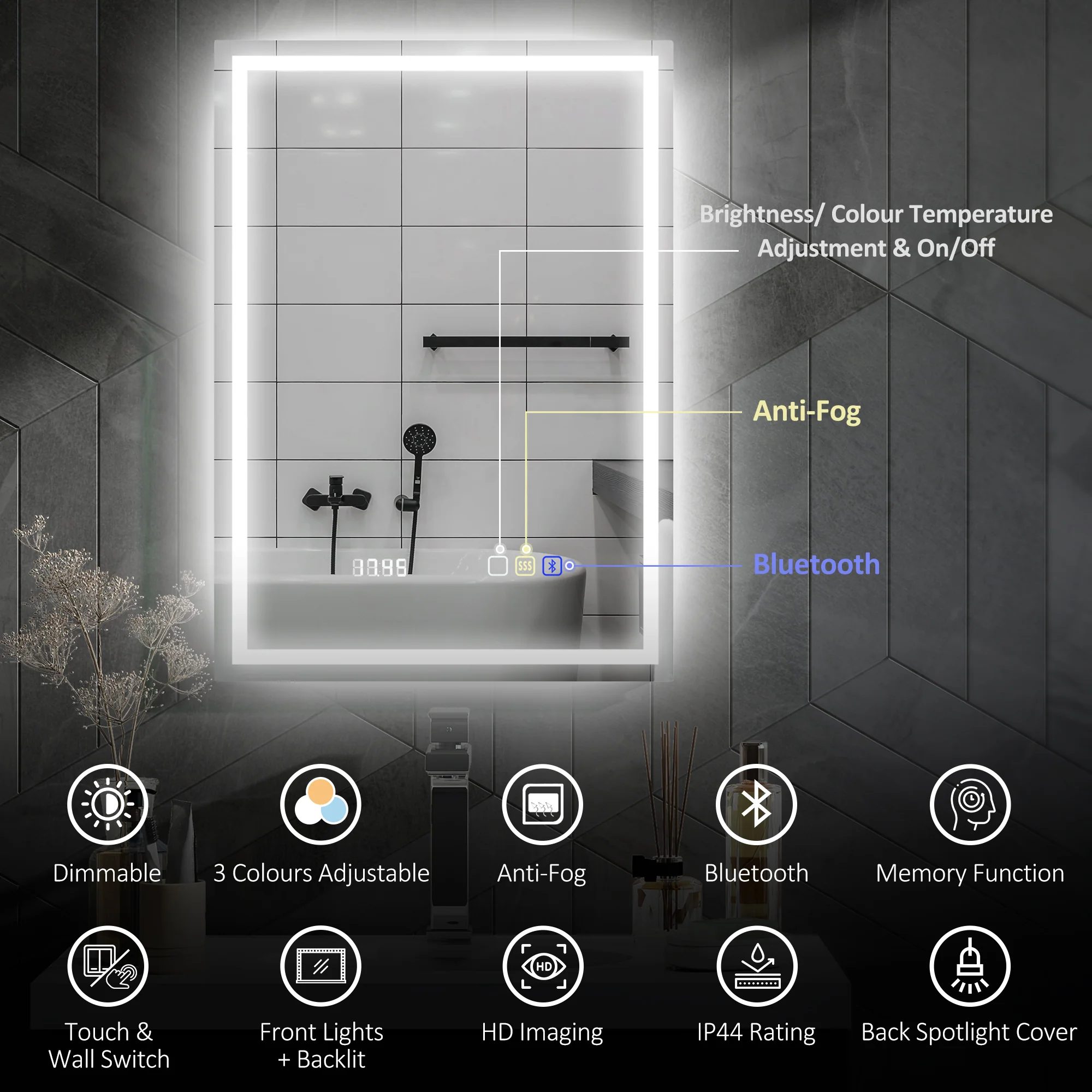 HOMCOM Bathroom Mirror With Bluetooth Clock Lights Demister Pad - Image 3