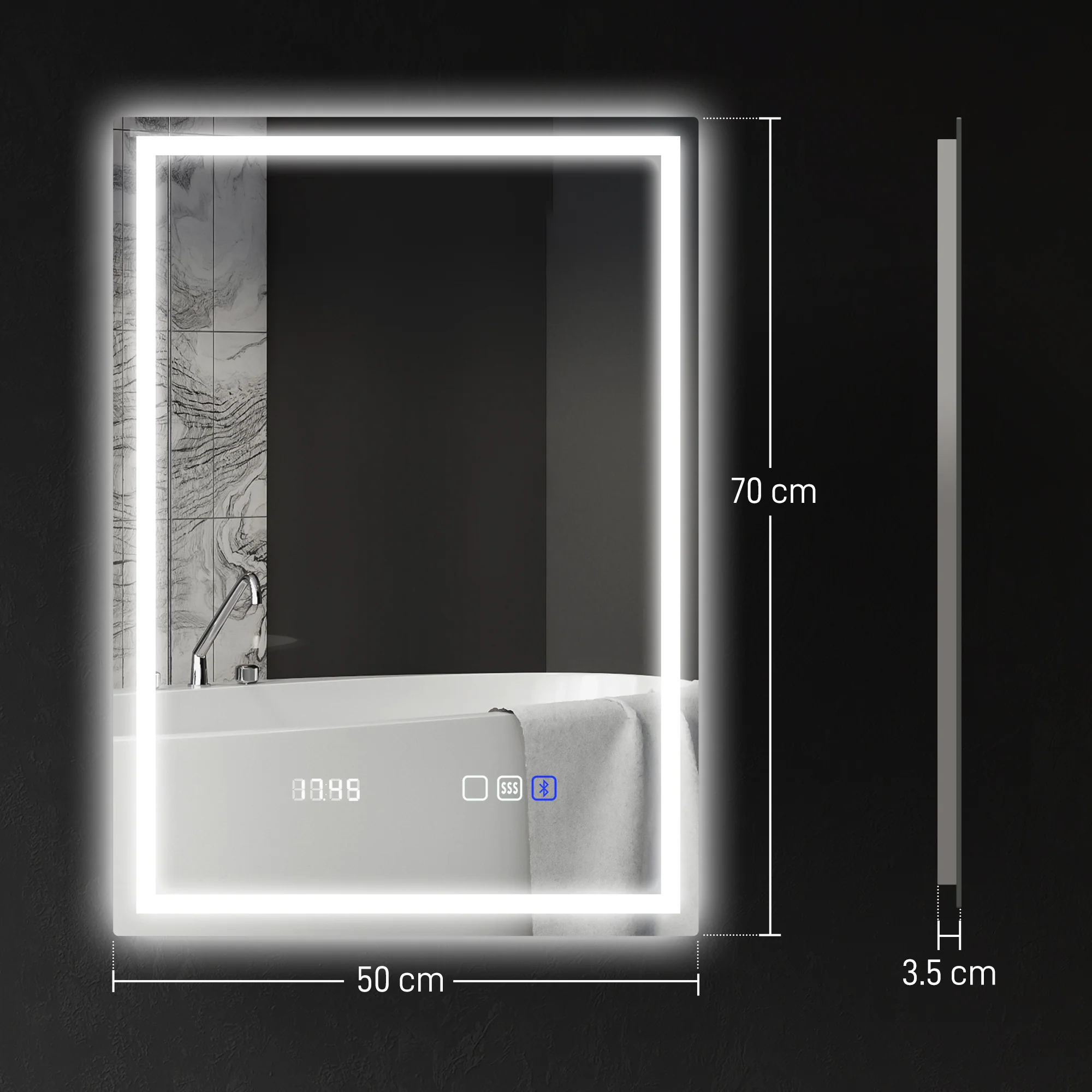 HOMCOM Bathroom Mirror With Bluetooth Clock Lights Demister Pad - Image 5
