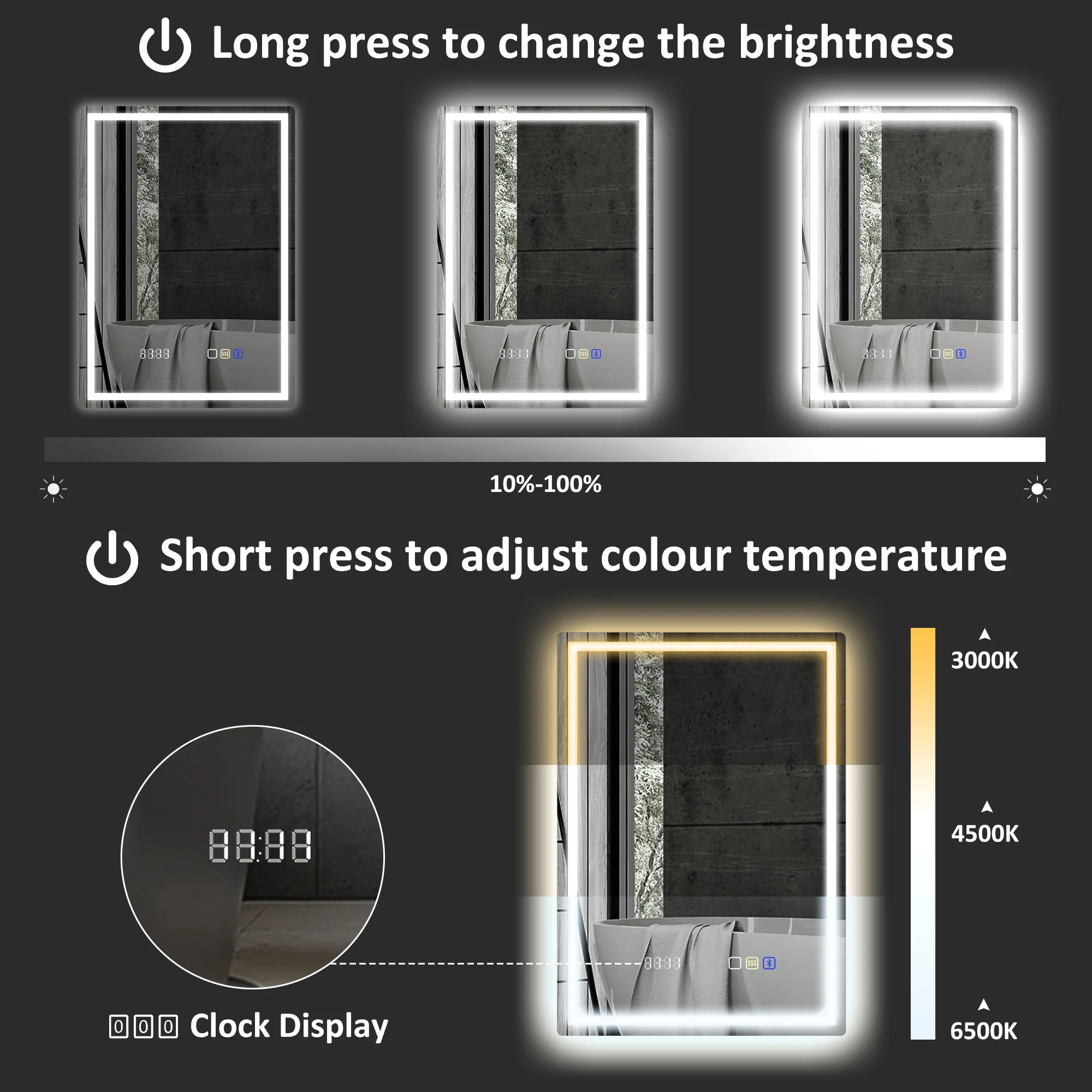 HOMCOM Bathroom Mirror With Bluetooth Clock Lights Demister Pad - Image 6