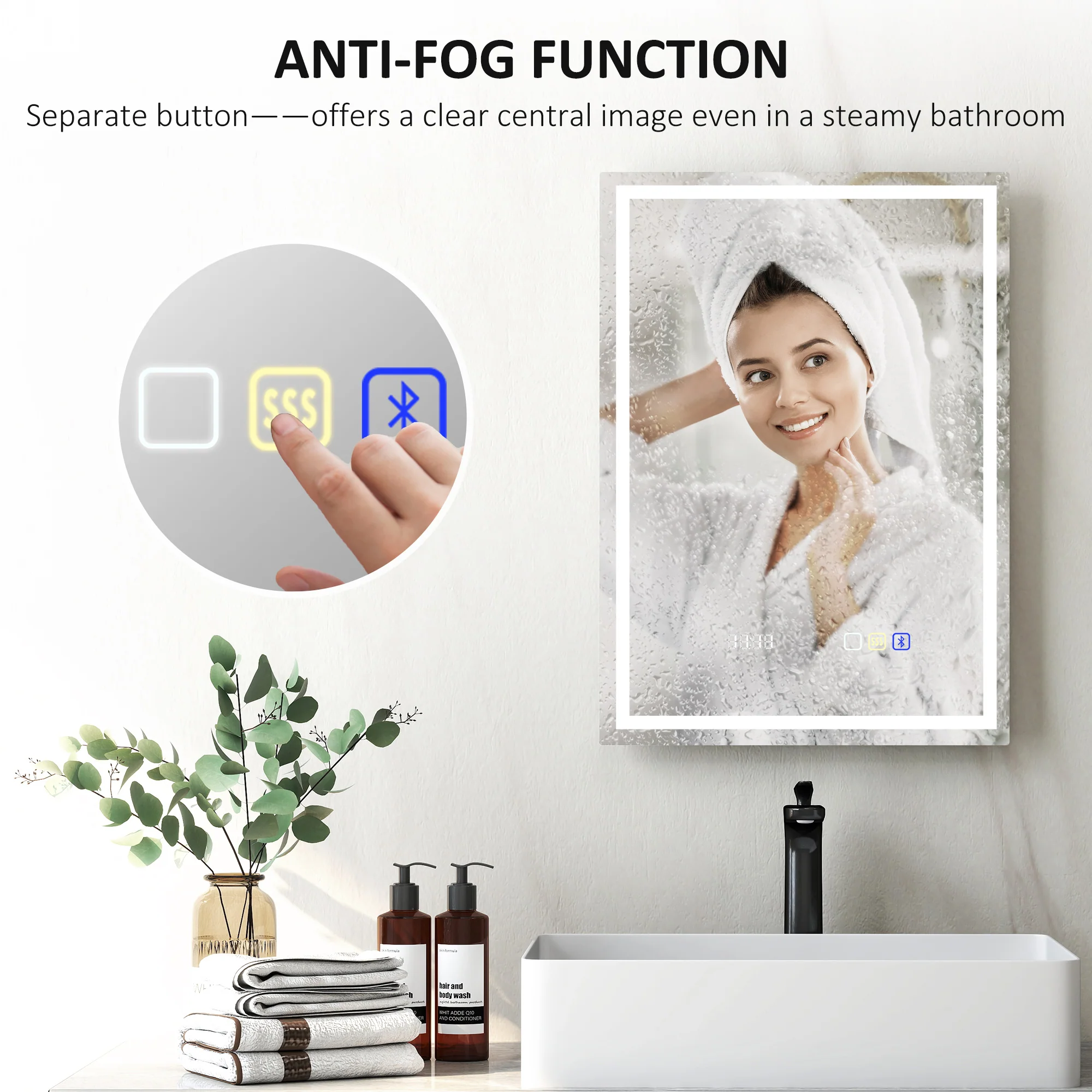 HOMCOM Bathroom Mirror With Bluetooth Clock Lights Demister Pad - Image 7