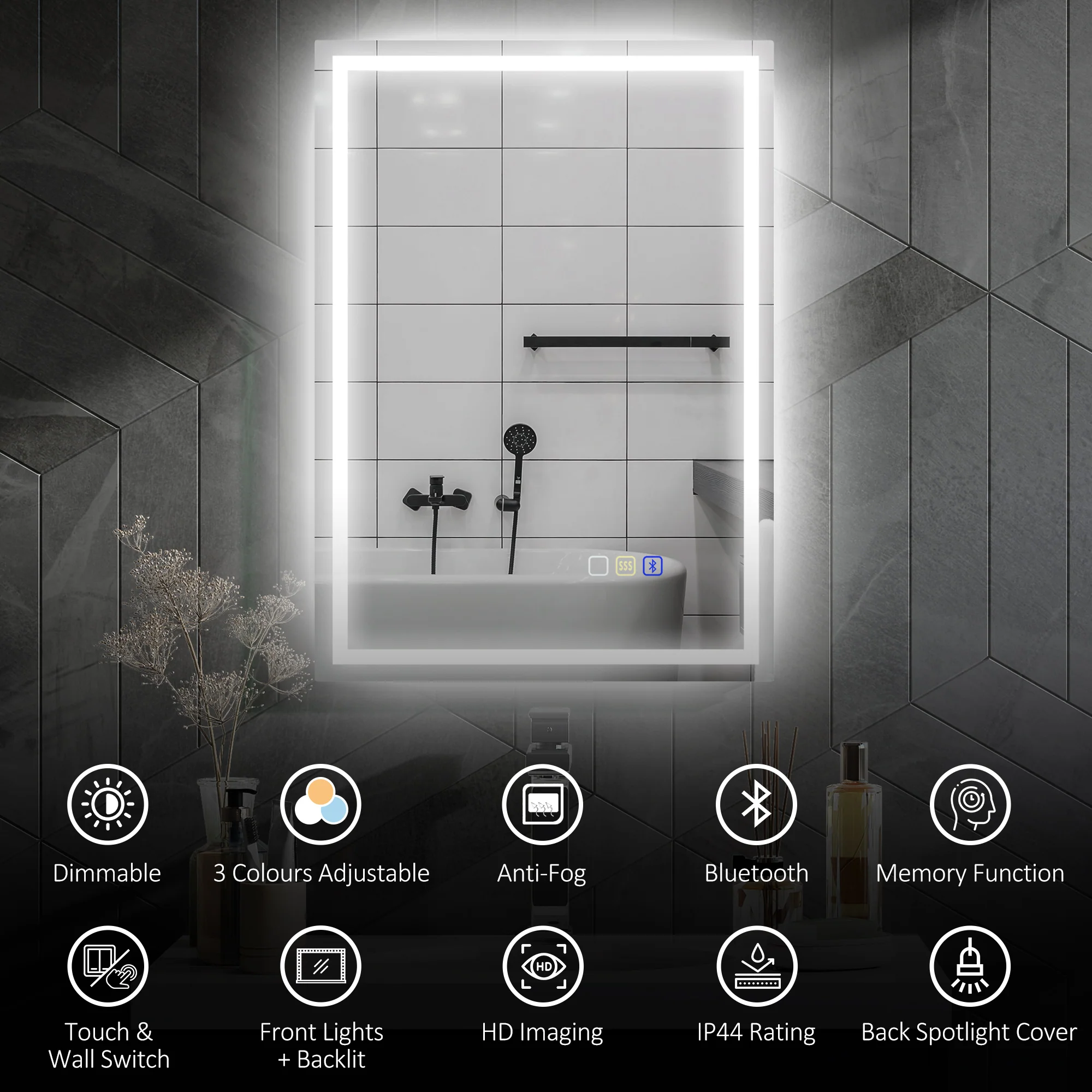 HOMCOM Bathroom Mirror With Bluetooth Lights Demister Pad - Image 3