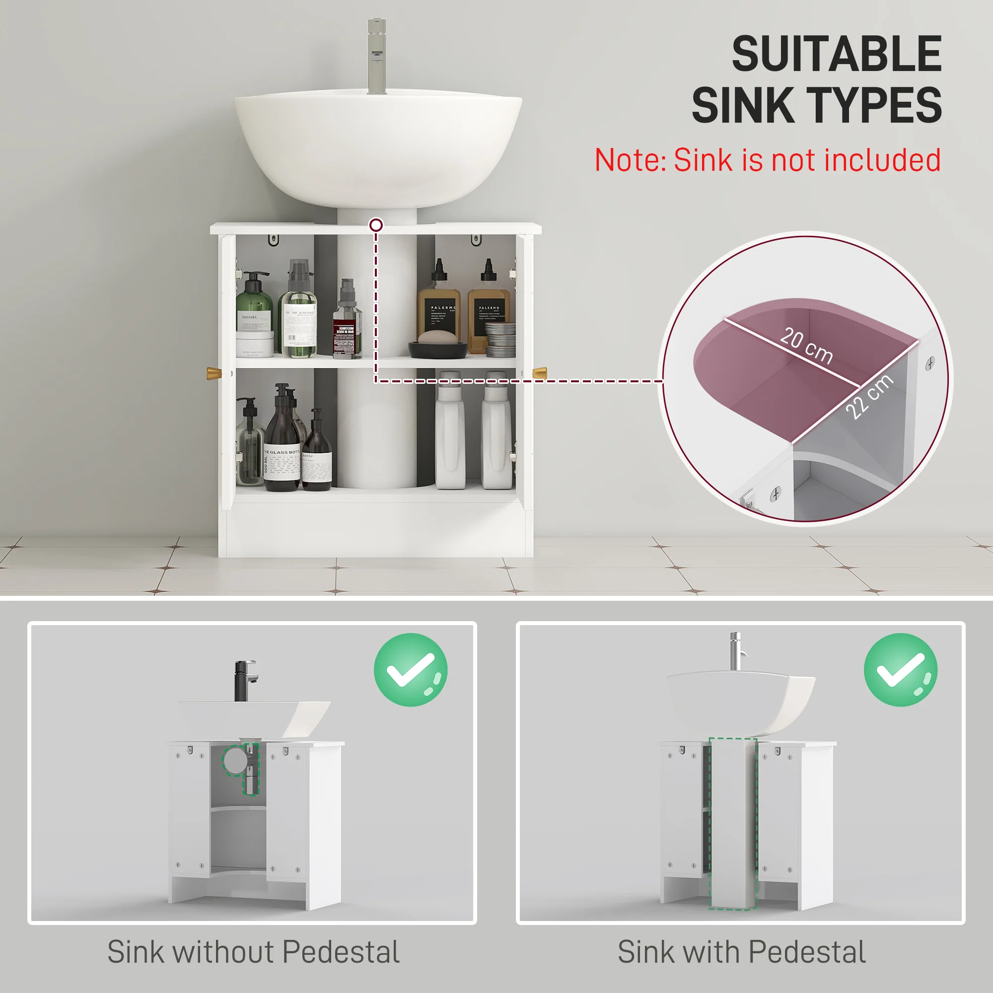 HOMCOM Bathroom Under Sink Cabinet For Basin With Or Without Pedestal White - Image 3