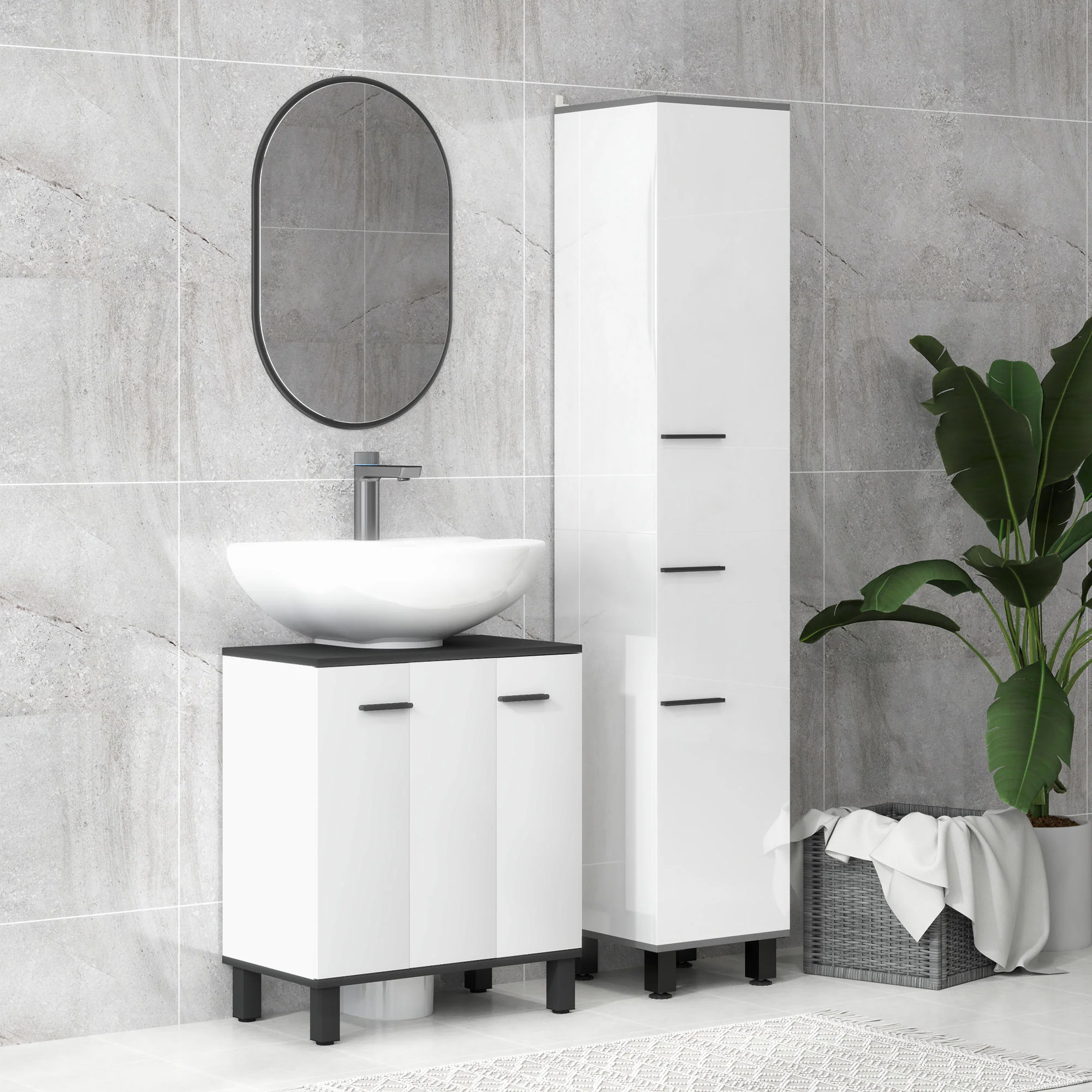 HOMCOM Bathroom Under Sink Cabinet With Adjustable Shelf High Gloss White - Image 9