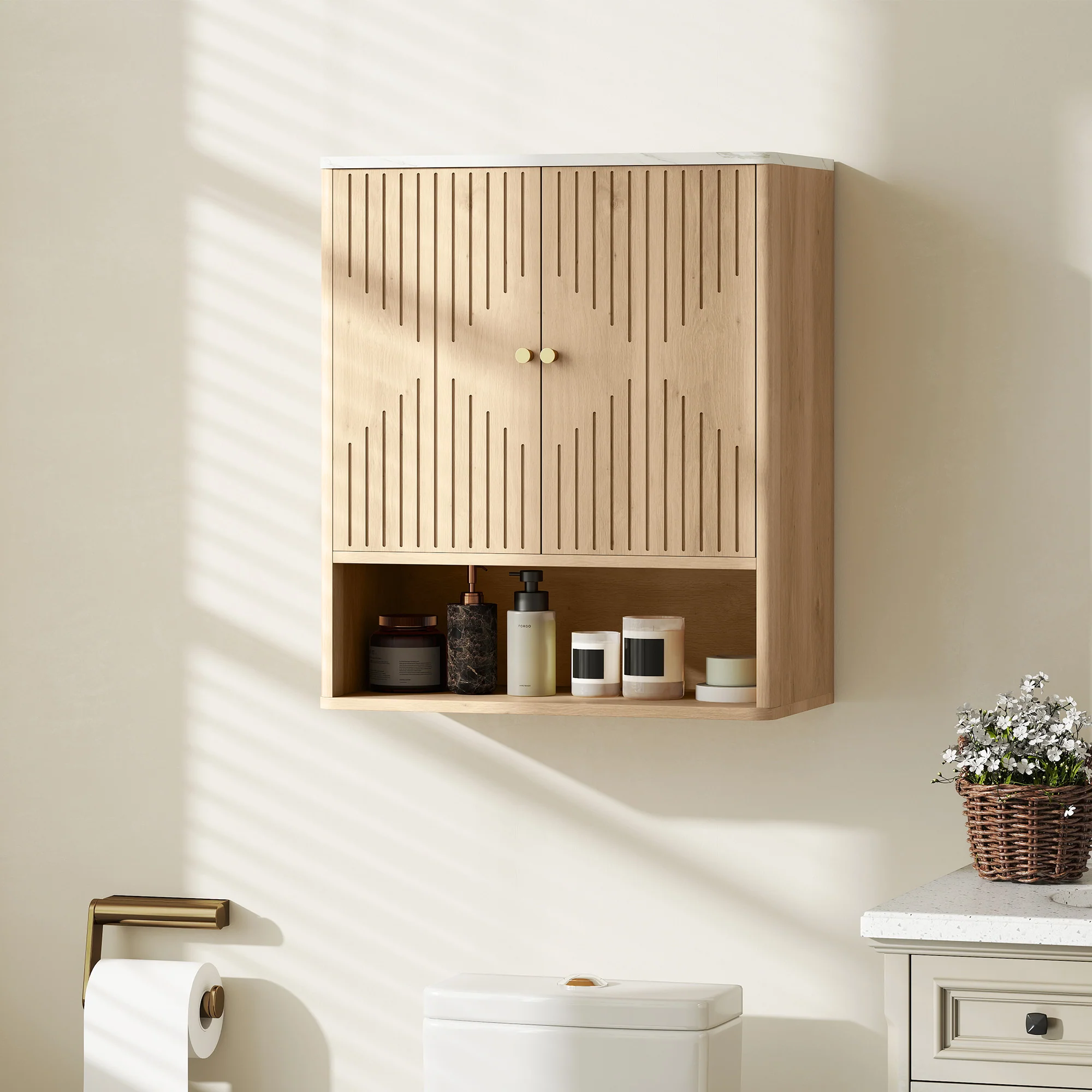 HOMCOM Bathroom Wall Cabinet With Adjustable Shelf And Open Shelf, Oak - Image 2