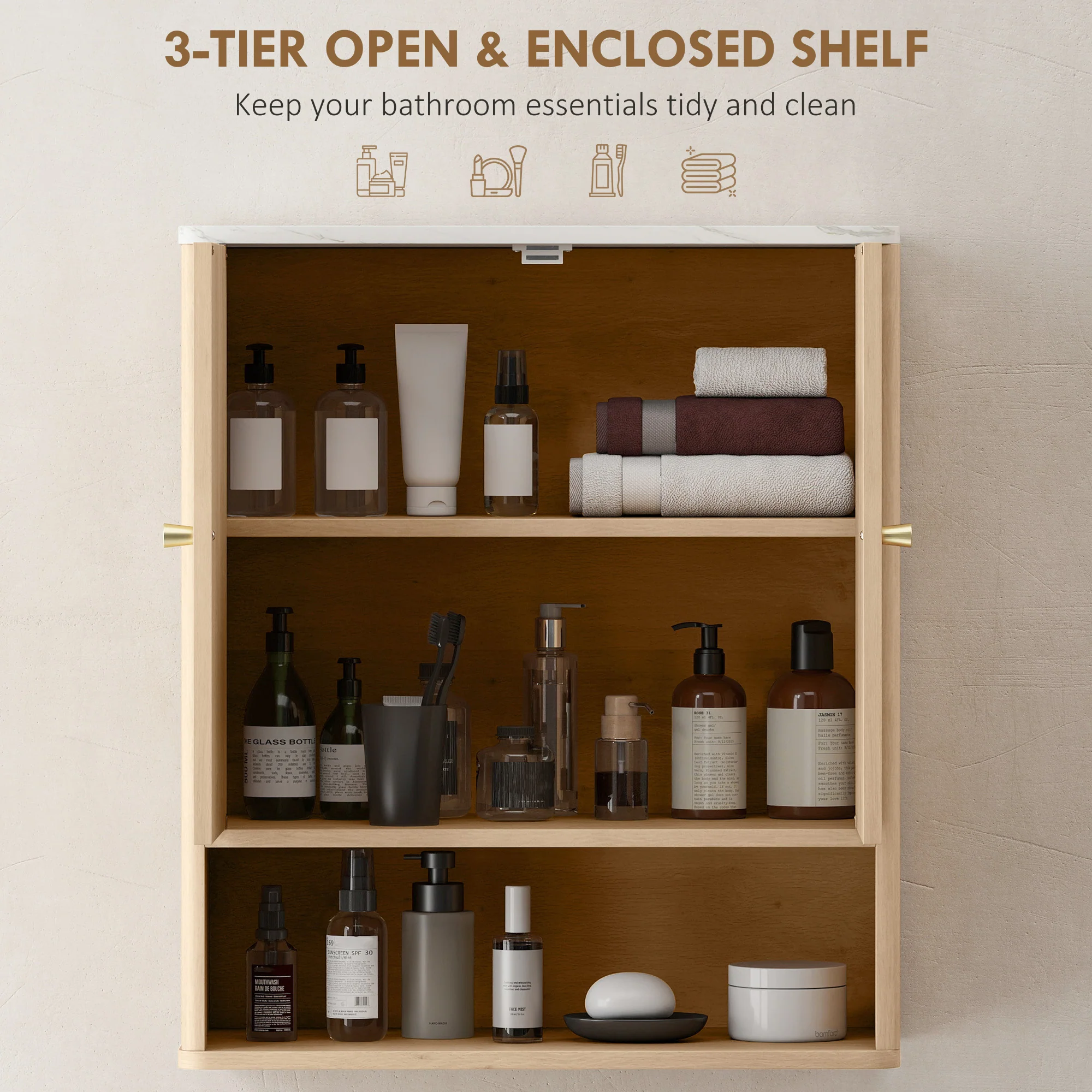 HOMCOM Bathroom Wall Cabinet With Adjustable Shelf And Open Shelf, Oak - Image 4