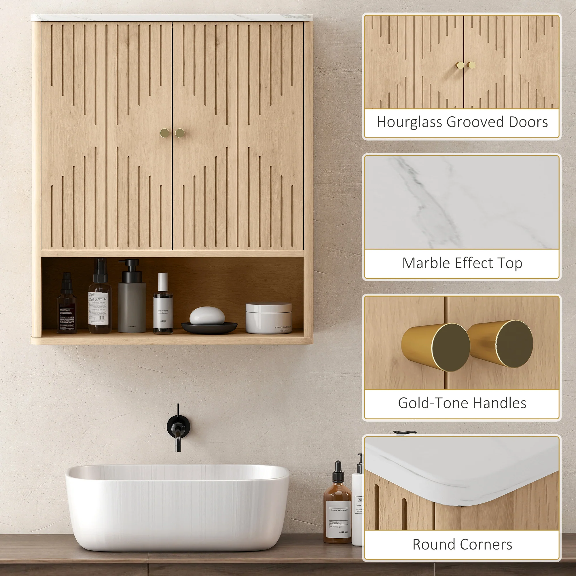 HOMCOM Bathroom Wall Cabinet With Adjustable Shelf And Open Shelf, Oak - Image 6