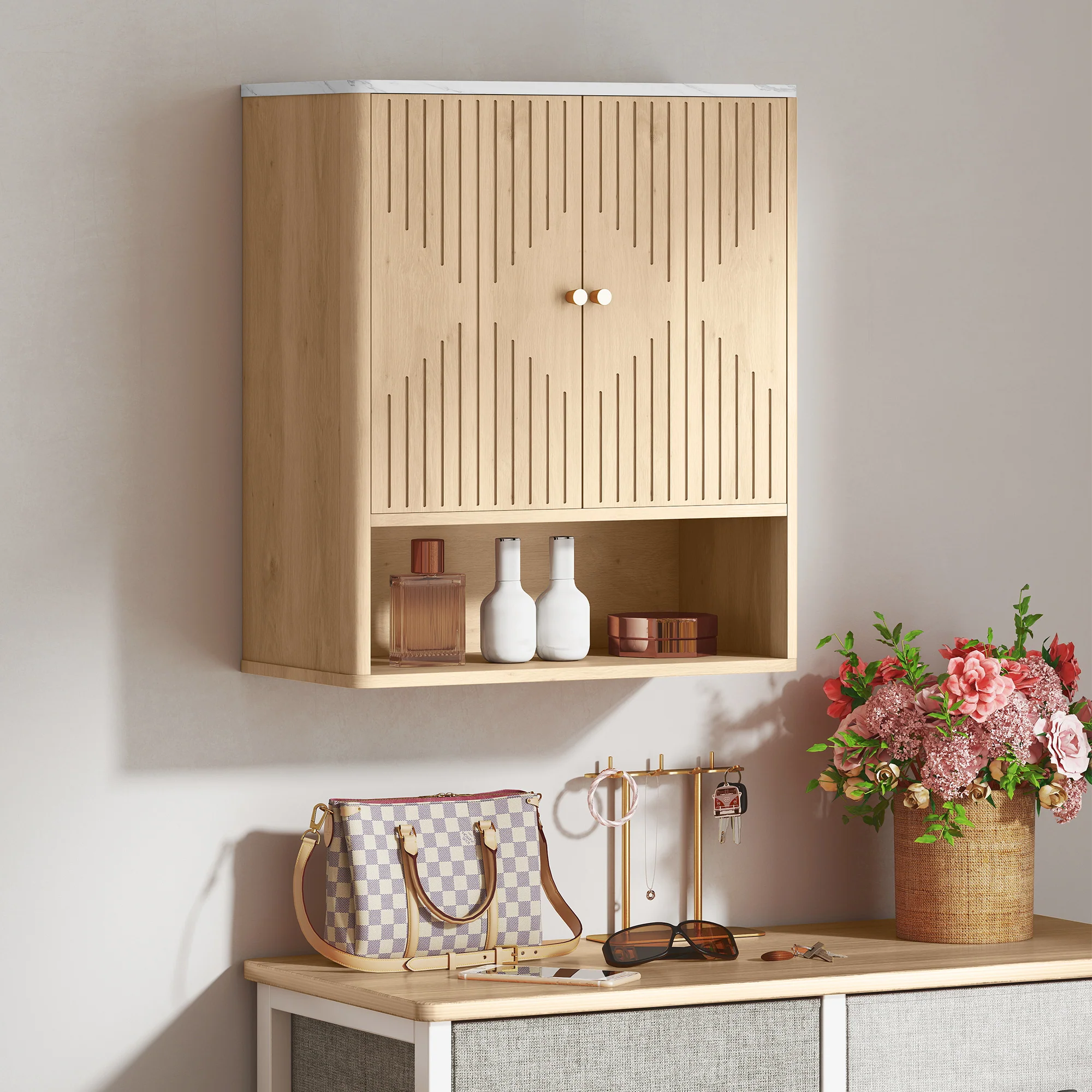 HOMCOM Bathroom Wall Cabinet With Adjustable Shelf And Open Shelf, Oak - Image 9