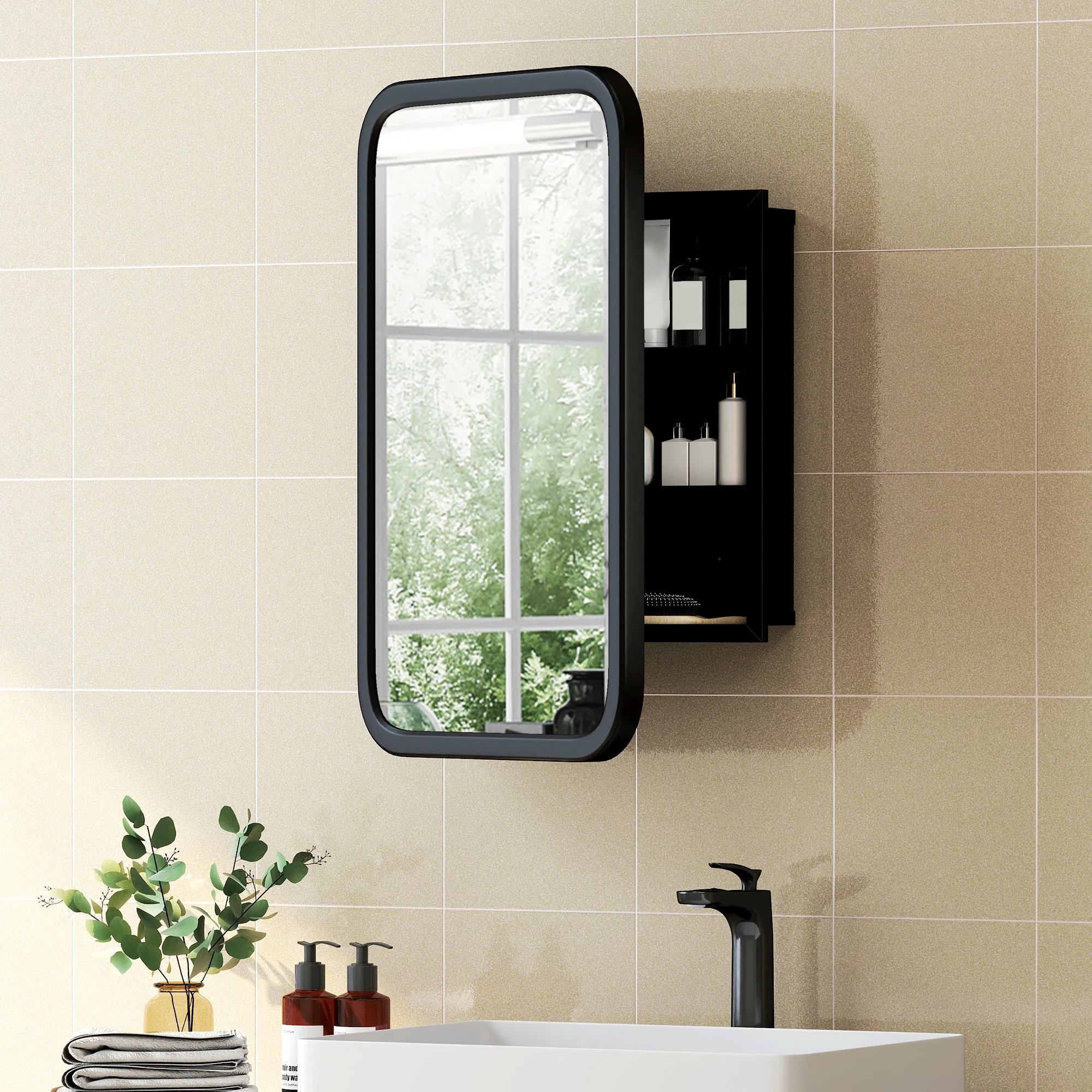HOMCOM Bathroom Wall Cabinet With Mirror Black - Image 2