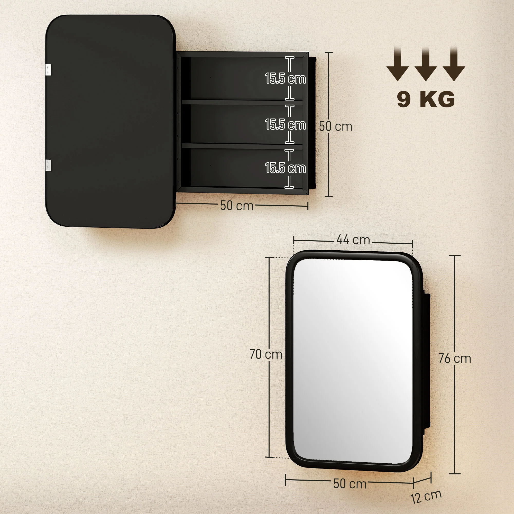 HOMCOM Bathroom Wall Cabinet With Mirror Black - Image 3