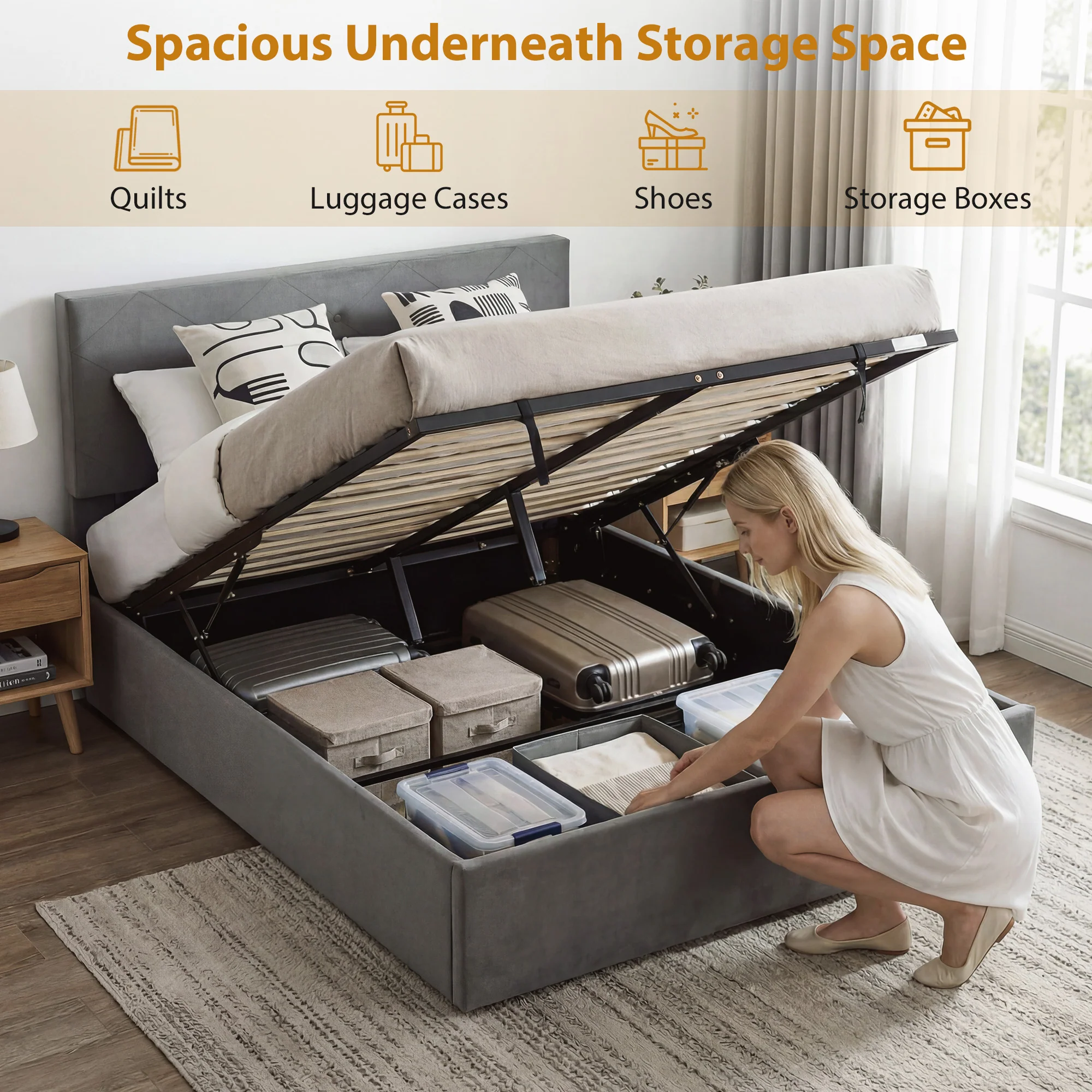 HOMCOM Bed Frame Gas Side Lift Under Bed Storage - Image 13