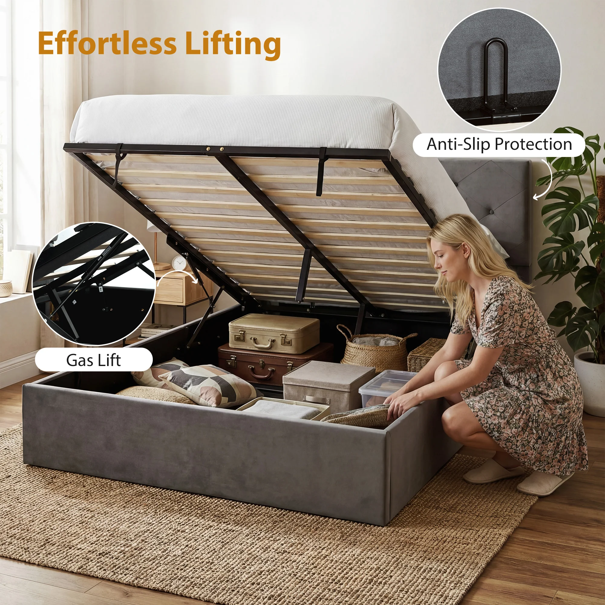 HOMCOM Bed Frame Gas Side Lift Under Bed Storage - Image 14