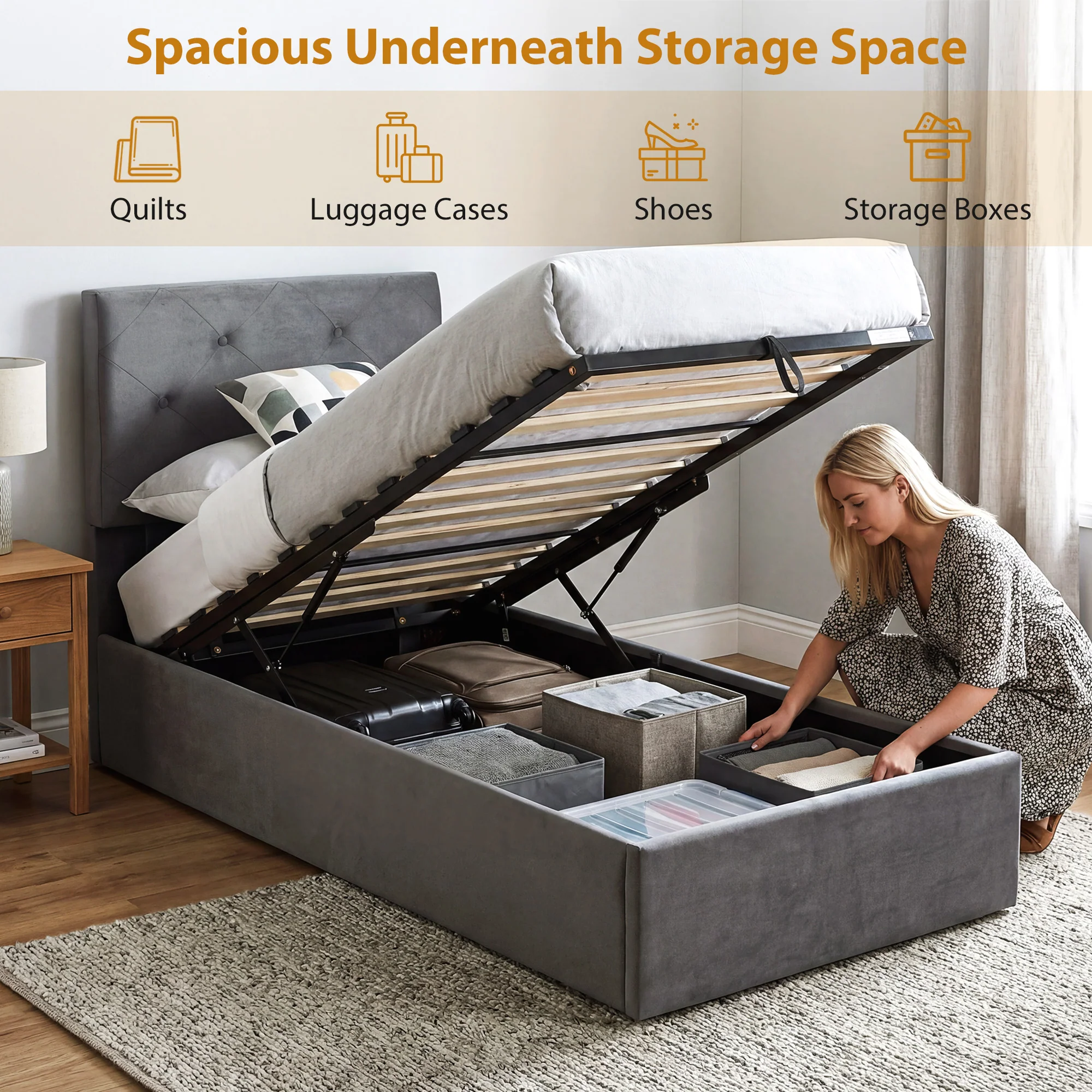 HOMCOM Bed Frame Gas Side Lift Under Bed Storage - Image 4