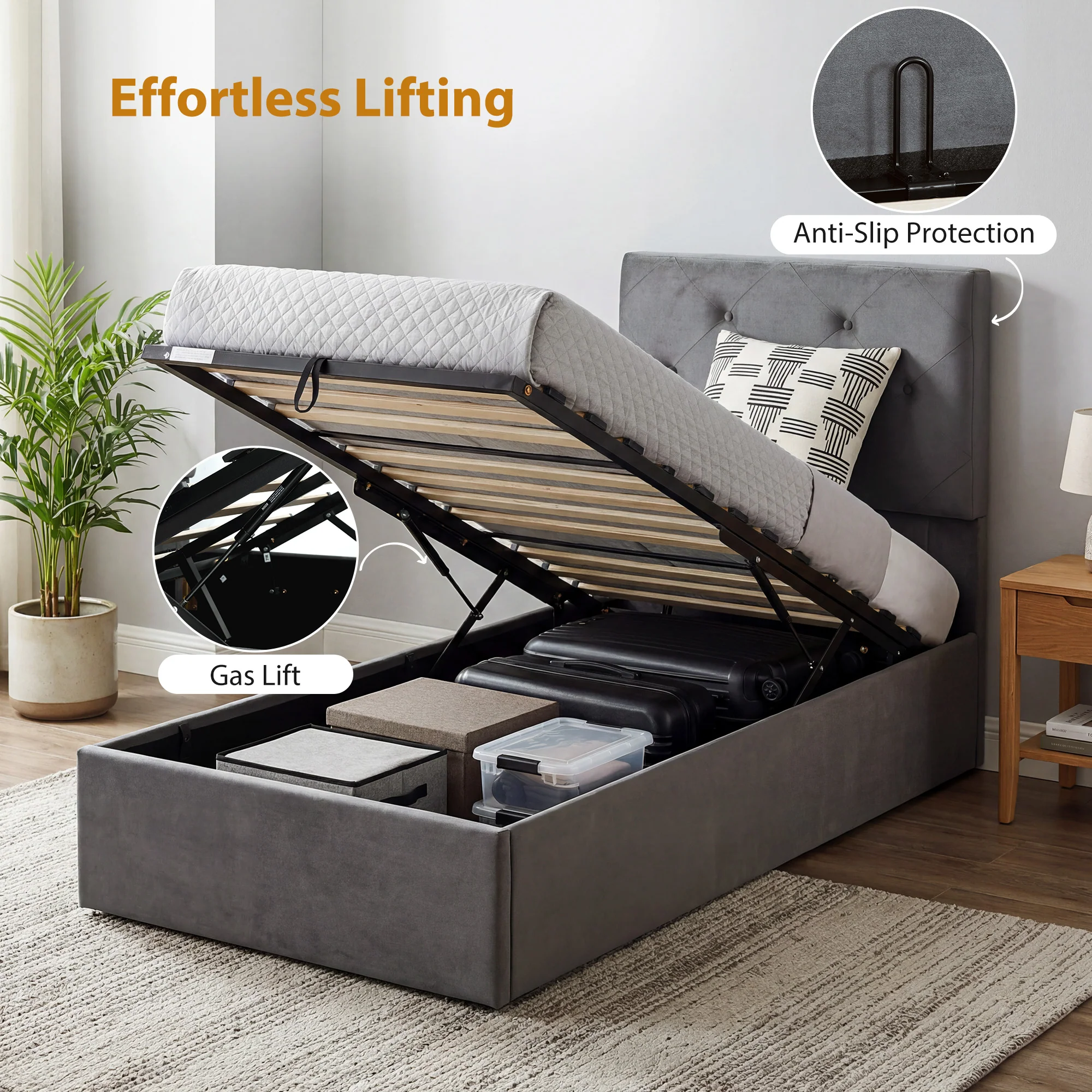 HOMCOM Bed Frame Gas Side Lift Under Bed Storage - Image 5