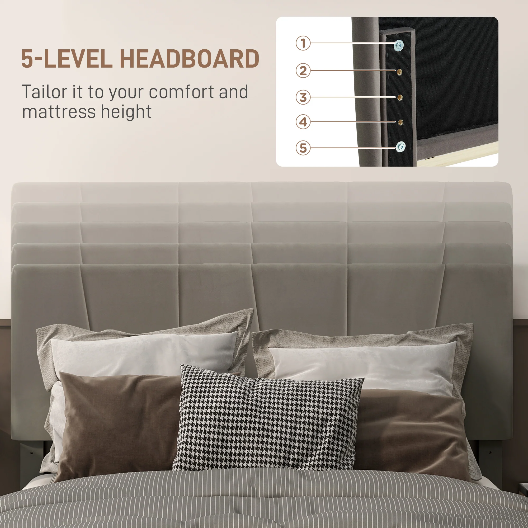 HOMCOM Bed Frame With 5-Level Adjustable Headboard Wooden Slats - Image 3