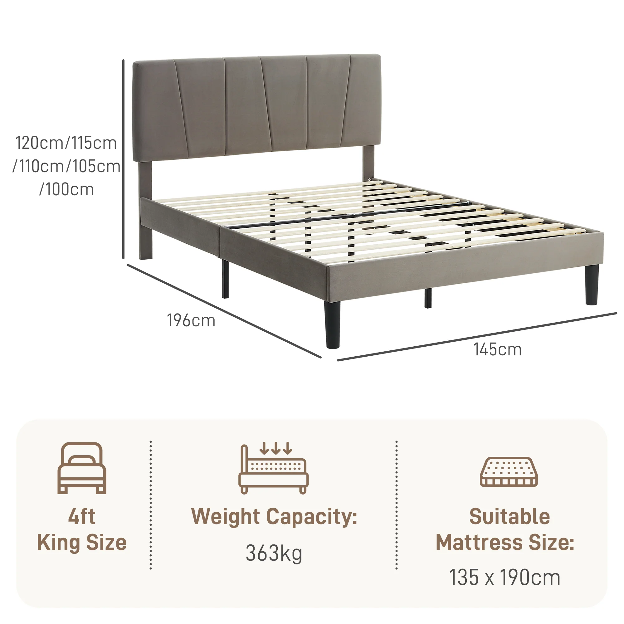 HOMCOM Bed Frame With 5-Level Adjustable Headboard Wooden Slats - Image 5