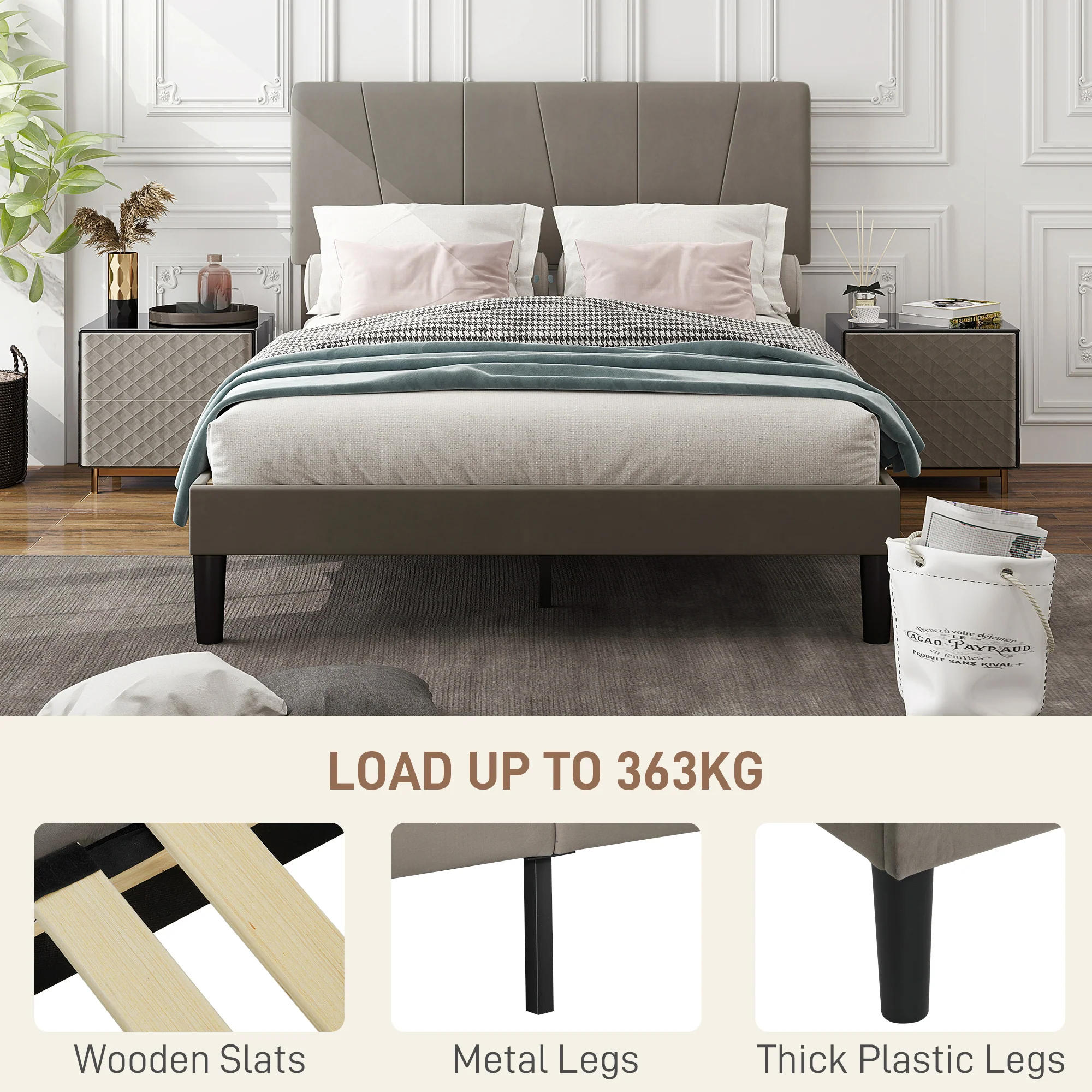 HOMCOM Bed Frame With 5-Level Adjustable Headboard Wooden Slats - Image 6