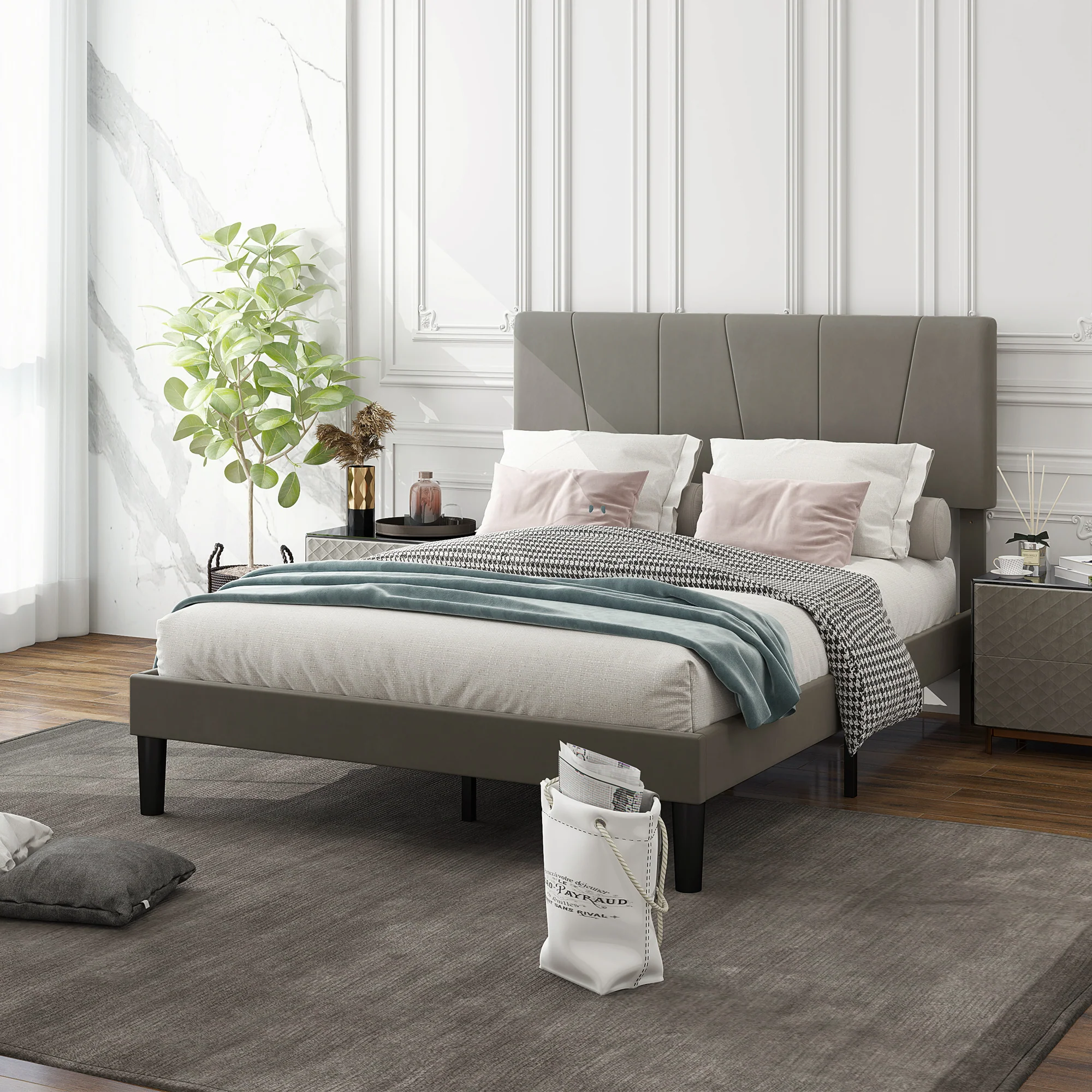 HOMCOM Bed Frame With 5-Level Adjustable Headboard Wooden Slats - Image 9