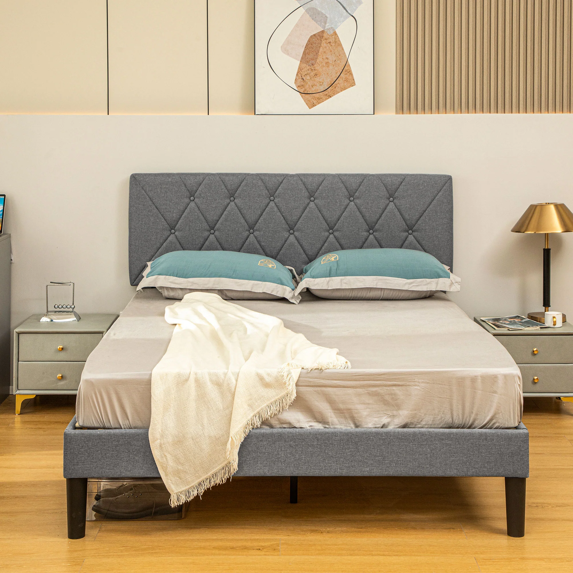 HOMCOM Bed Frame with 5-Level Adjustable Linen Headboard - Image 17