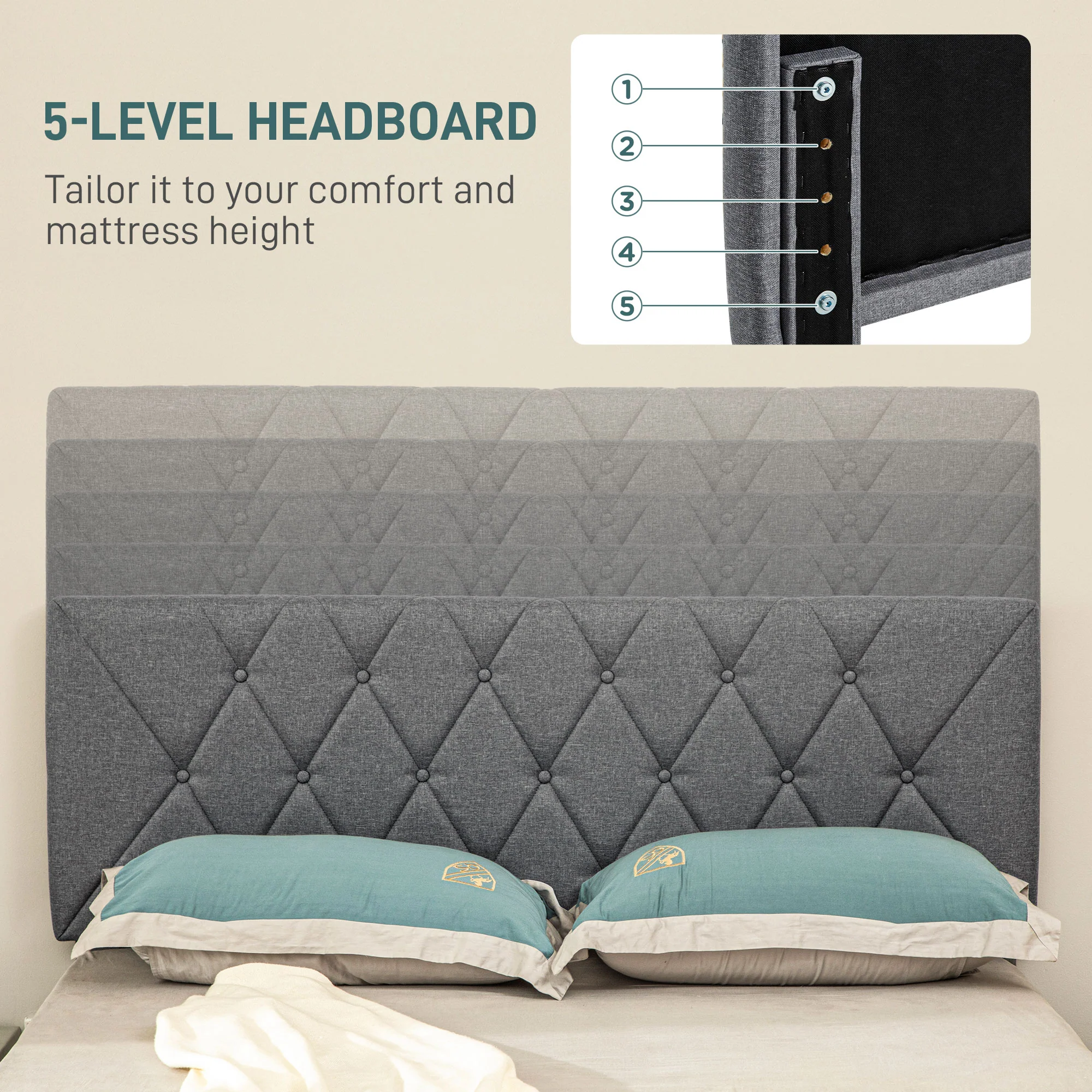 HOMCOM Bed Frame with 5-Level Adjustable Linen Headboard - Image 3