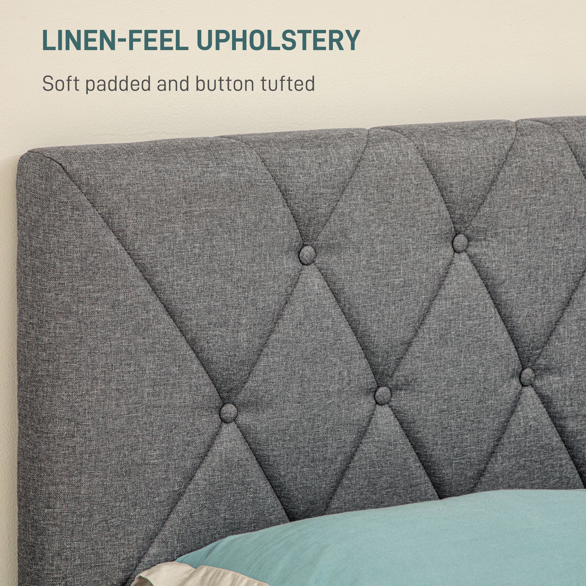 HOMCOM Bed Frame with 5-Level Adjustable Linen Headboard - Image 4