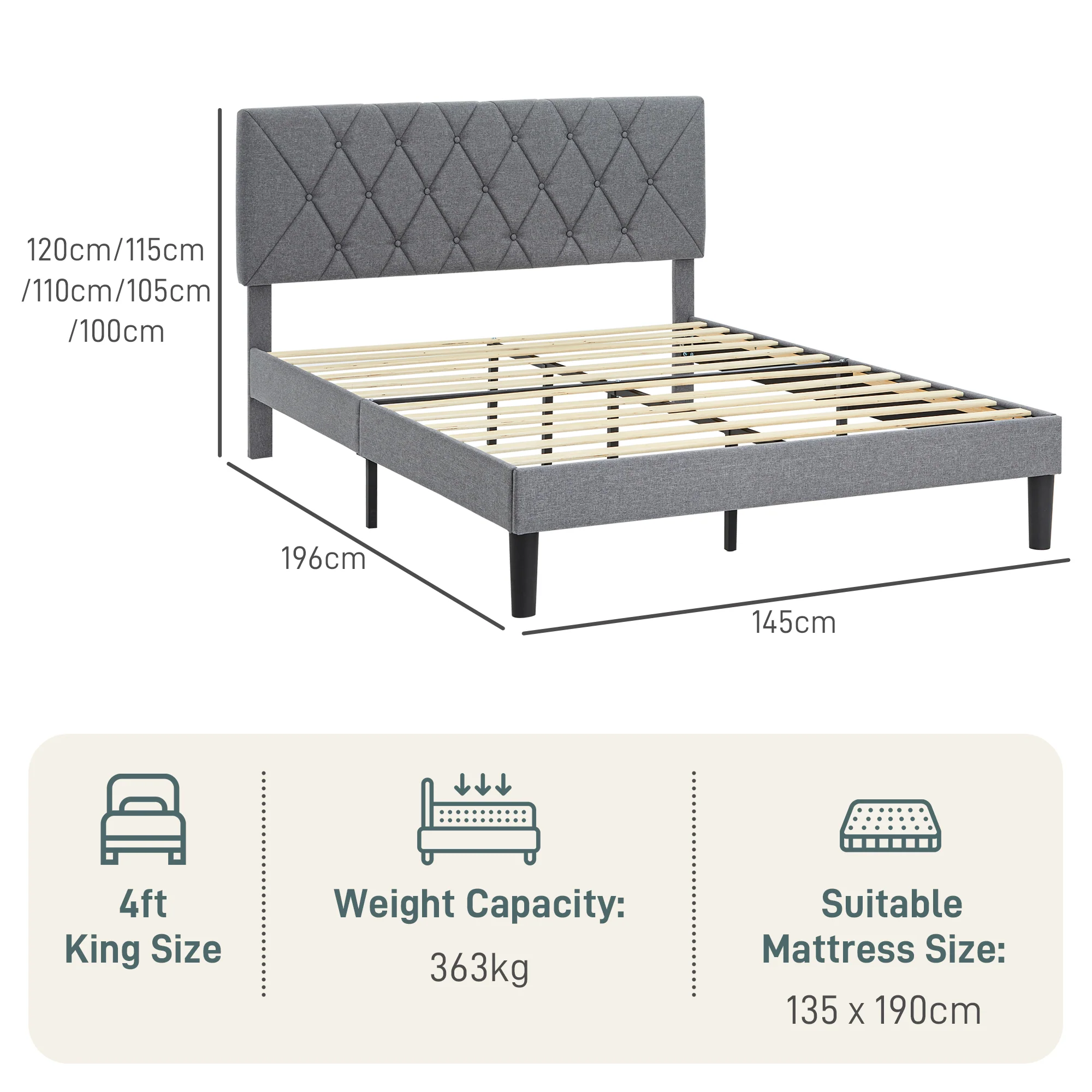 HOMCOM Bed Frame with 5-Level Adjustable Linen Headboard - Image 5