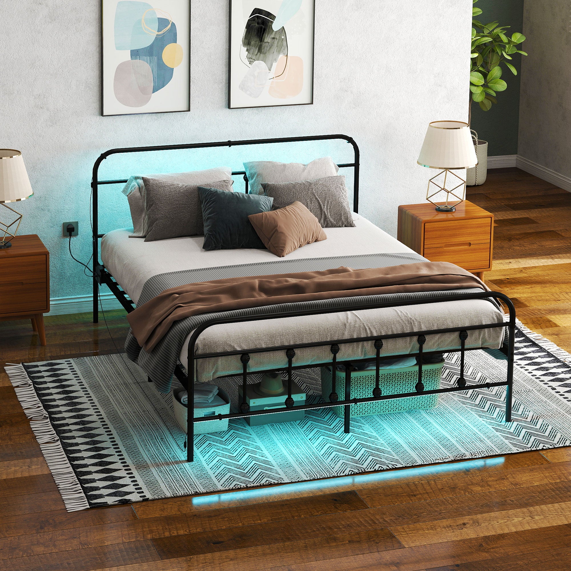 HOMCOM Bed Frame With LED Lights And Charging Station, Black - Image 10