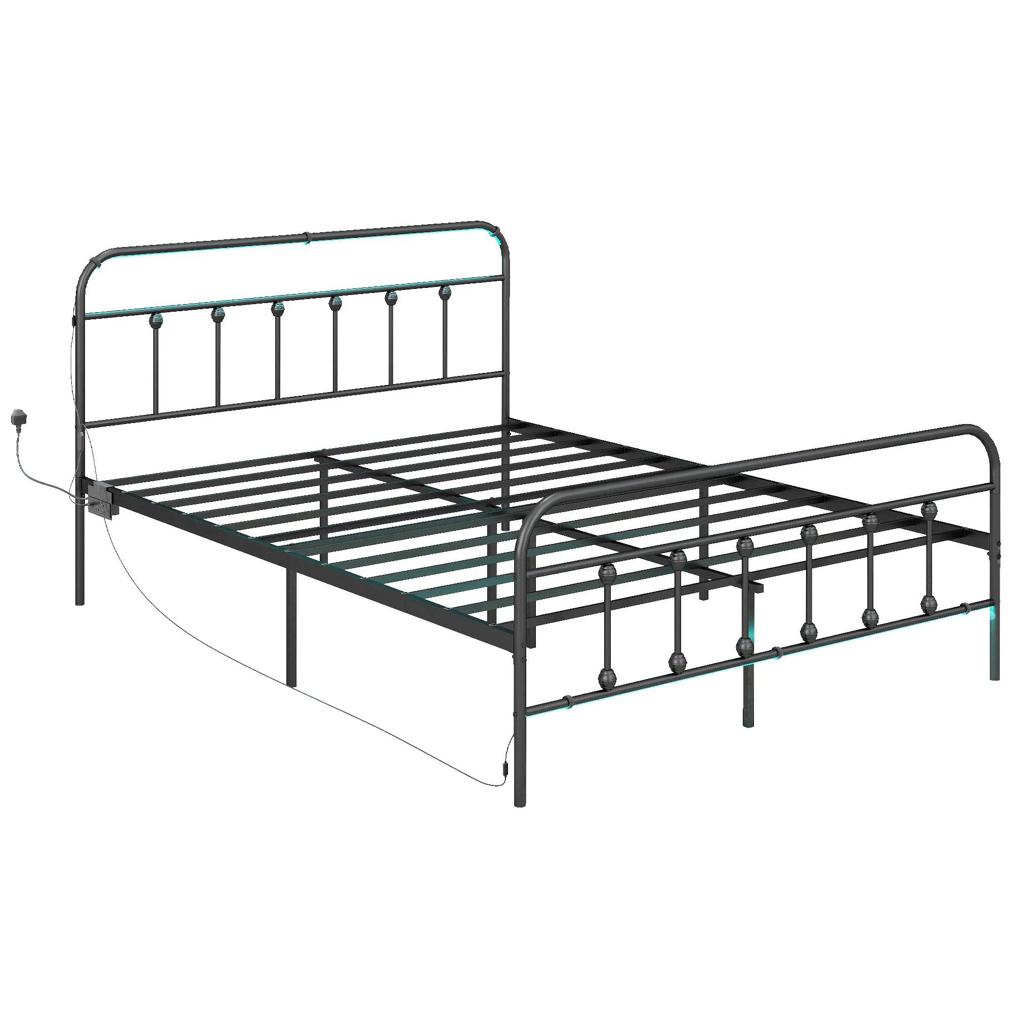 HOMCOM Bed Frame With LED Lights And Charging Station, Black - Image 2