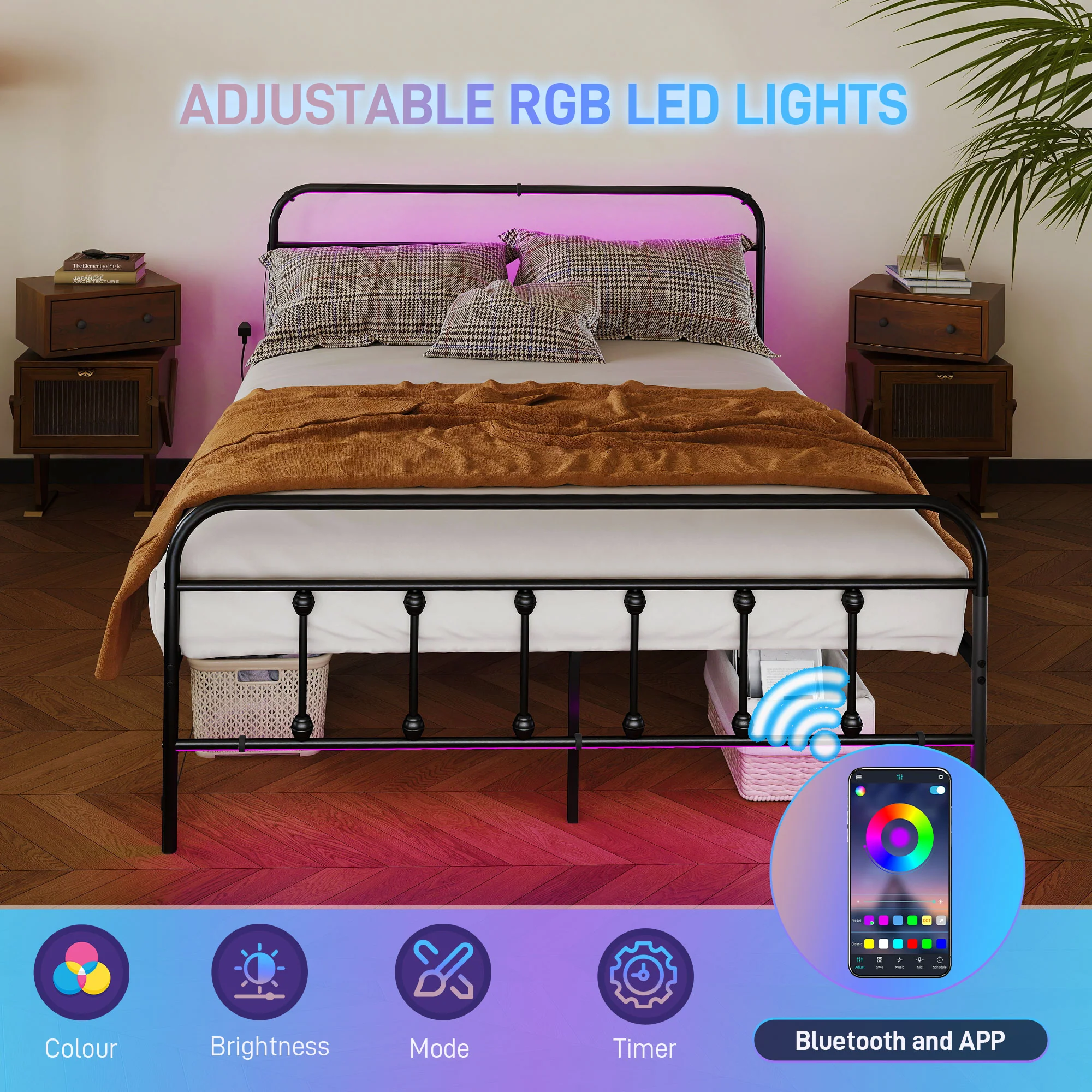 HOMCOM Bed Frame With LED Lights And Charging Station, Black - Image 3