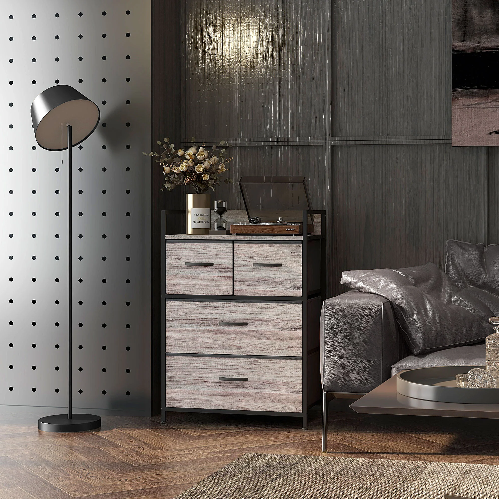 HOMCOM Bedroom Chest Of Drawers 4 Drawer Dresser W/ Shelf, Grey Wood Effect - Image 9