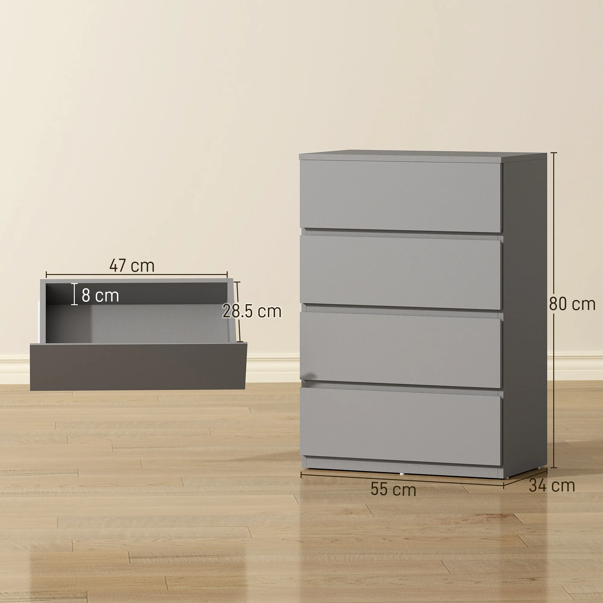 HOMCOM Bedroom Chest of Drawers, 4 Drawers Dresser, Drawer Unit, Grey - Image 3
