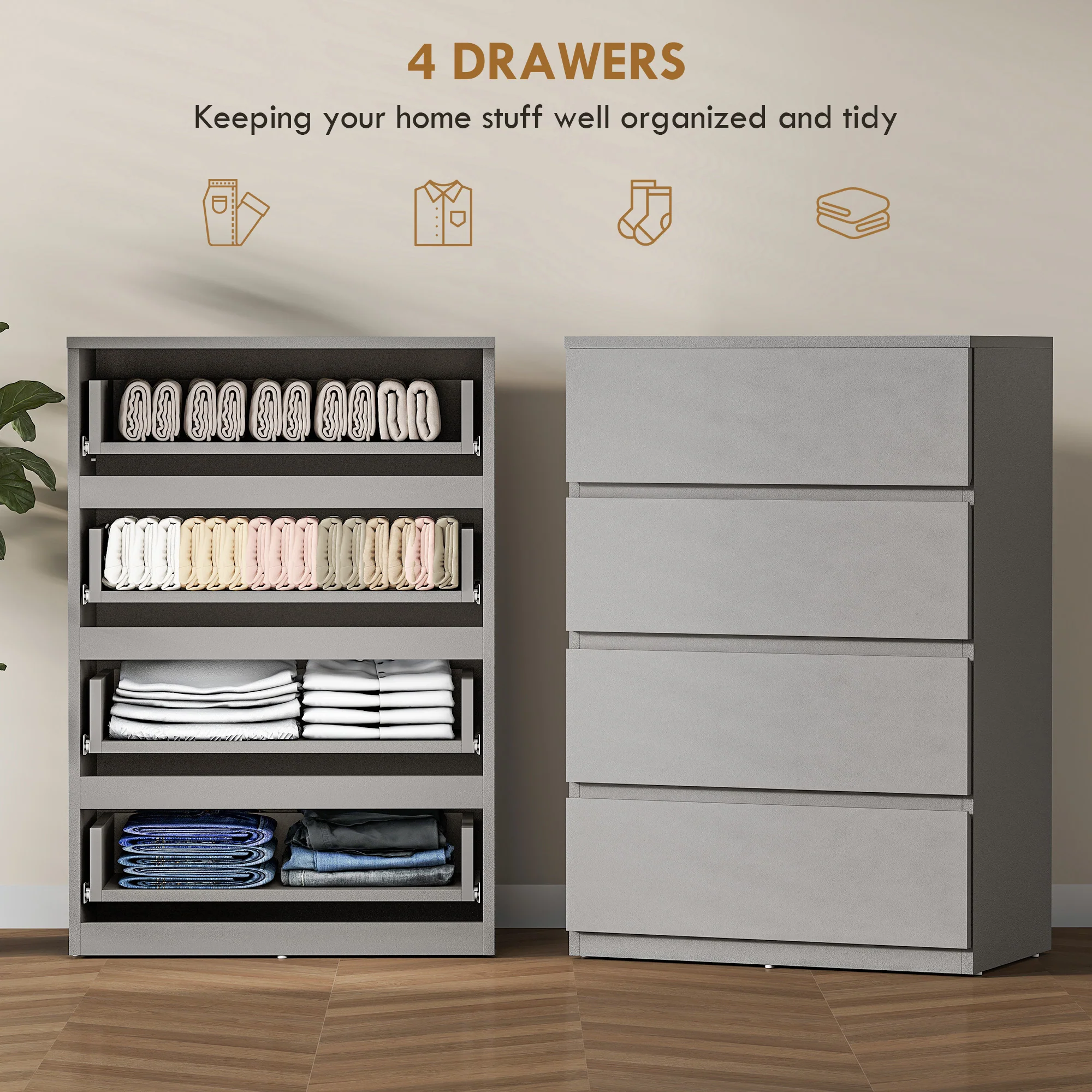 HOMCOM Bedroom Chest of Drawers, 4 Drawers Dresser, Drawer Unit, Grey - Image 4