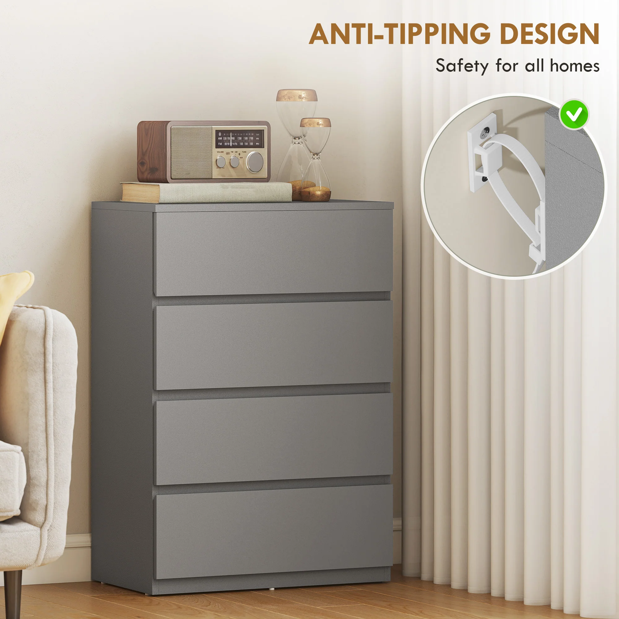 HOMCOM Bedroom Chest of Drawers, 4 Drawers Dresser, Drawer Unit, Grey - Image 5