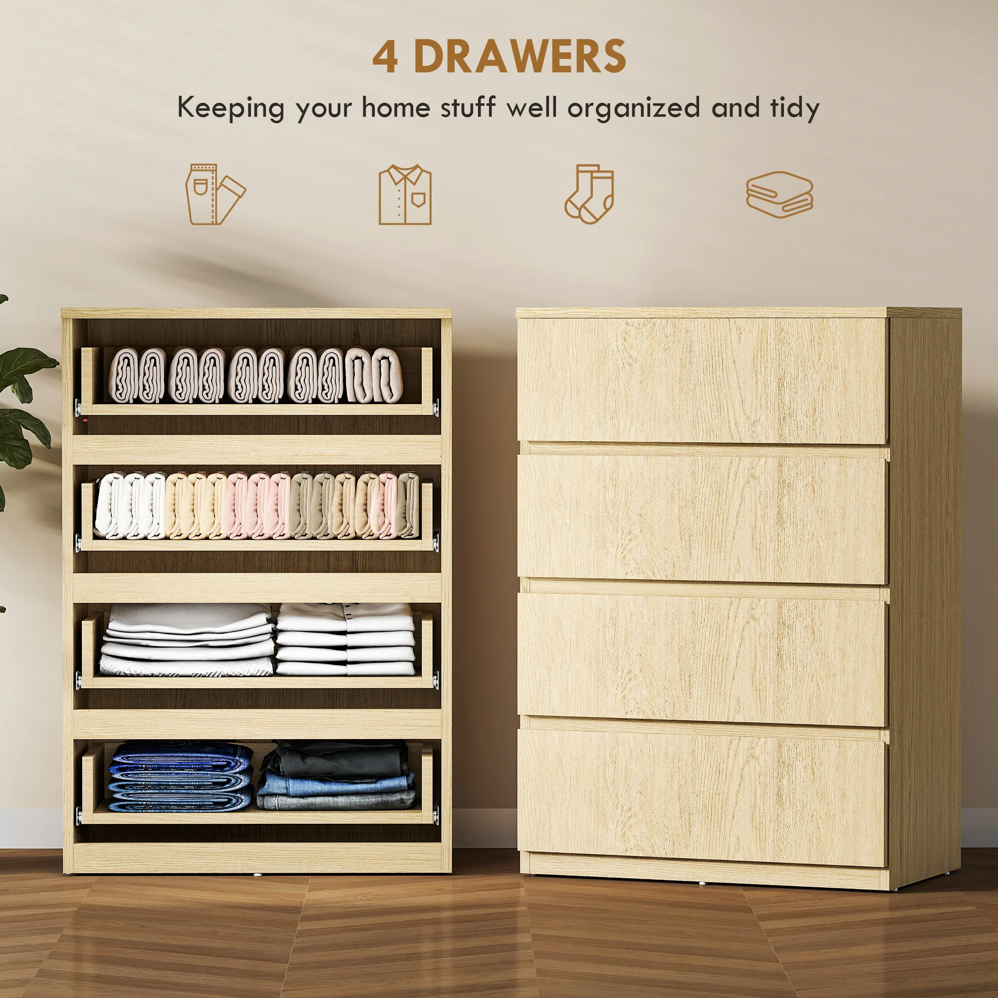 HOMCOM Bedroom Chest of Drawers, 4 Drawers Dresser, Drawer Unit, Natural - Image 4