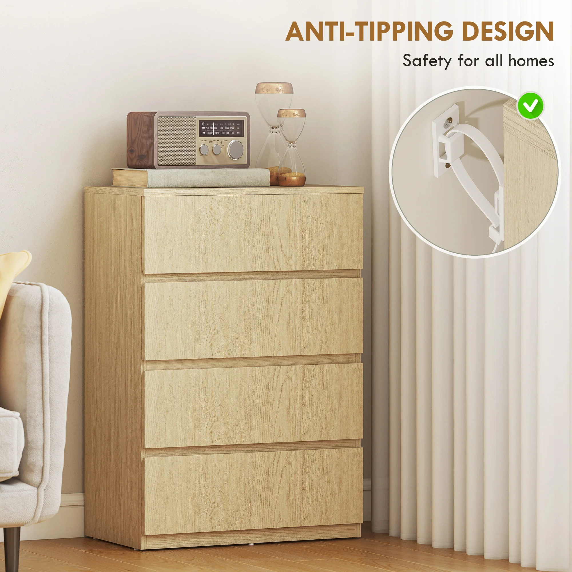 HOMCOM Bedroom Chest of Drawers, 4 Drawers Dresser, Drawer Unit, Natural - Image 5
