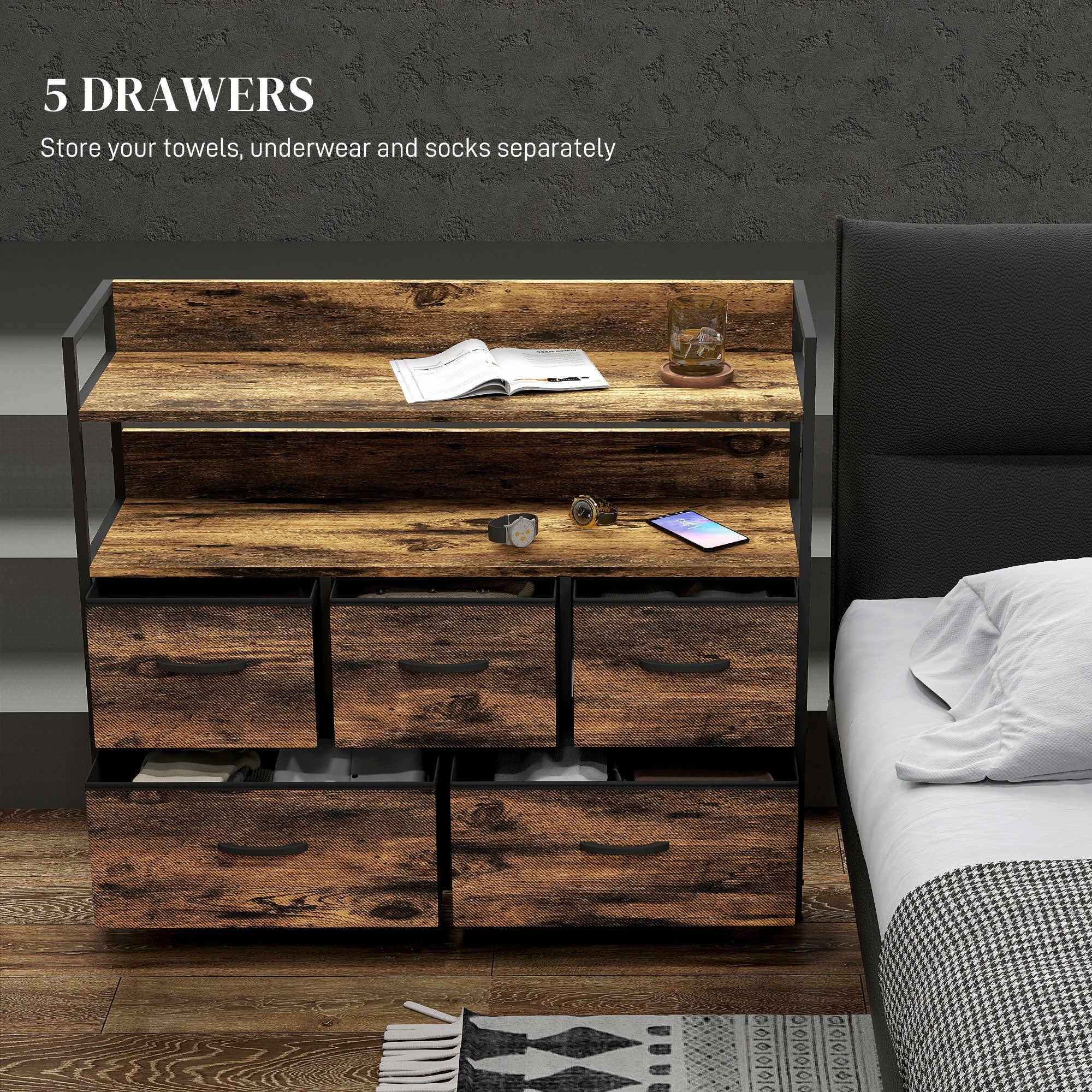 HOMCOM Bedroom Chest of Drawers 5 Drawer Dresser w/ Shelves - Image 12
