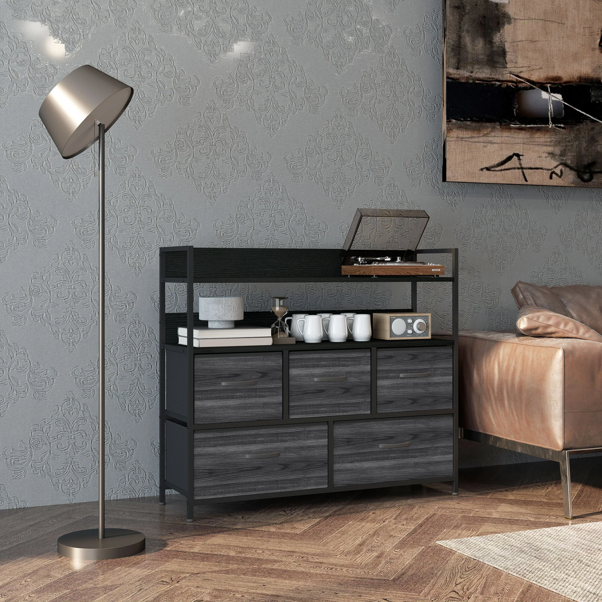 HOMCOM Bedroom Chest of Drawers 5 Drawer Dresser w/ Shelves - Image 2