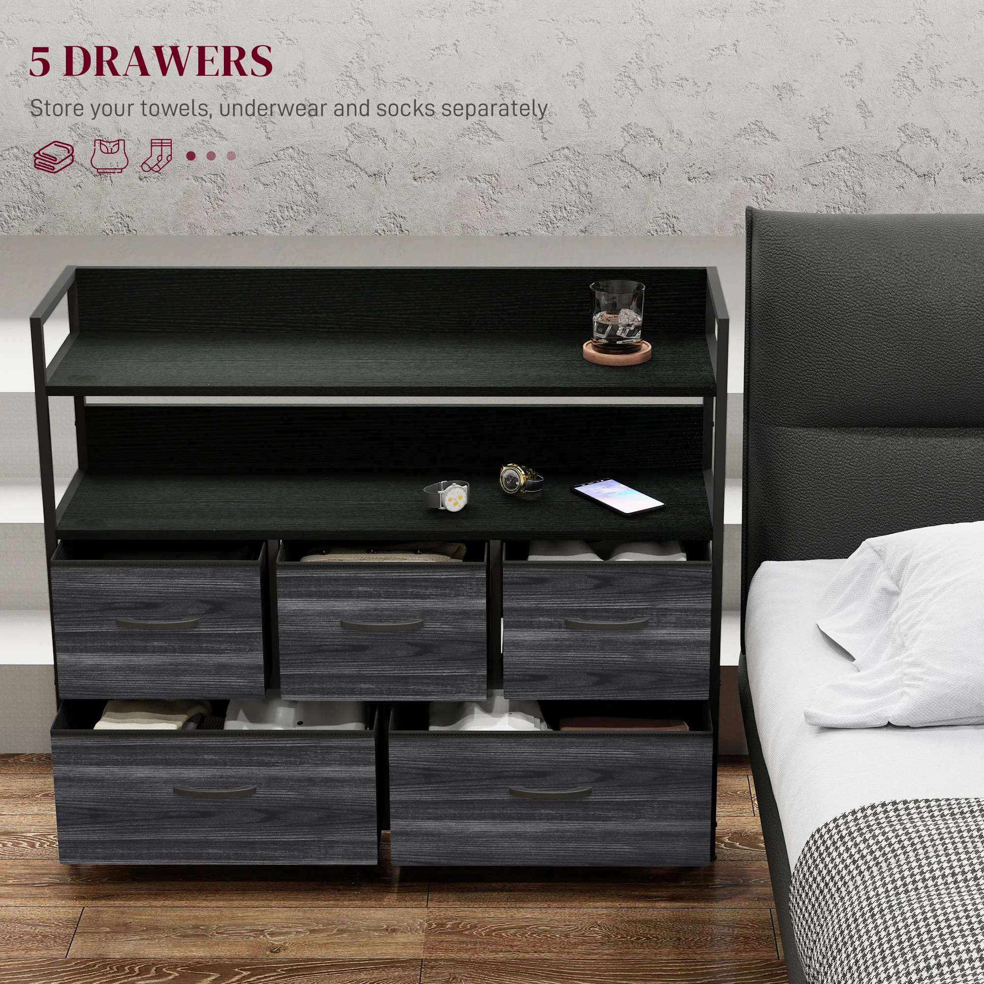 HOMCOM Bedroom Chest of Drawers 5 Drawer Dresser w/ Shelves - Image 3